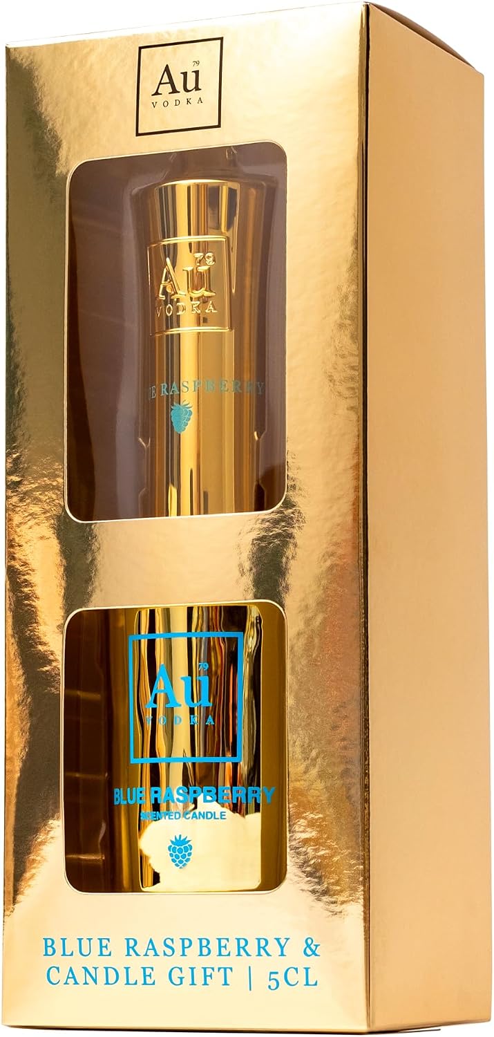 Au Vodka Gift Set - Blue Raspberry Flavoured Vodka 5cl Miniature & Candle - Official Licensed - Birthday Gifts for Men and Women - Handcrafted In The UK, Alcohol Gift Set, Fathers Day