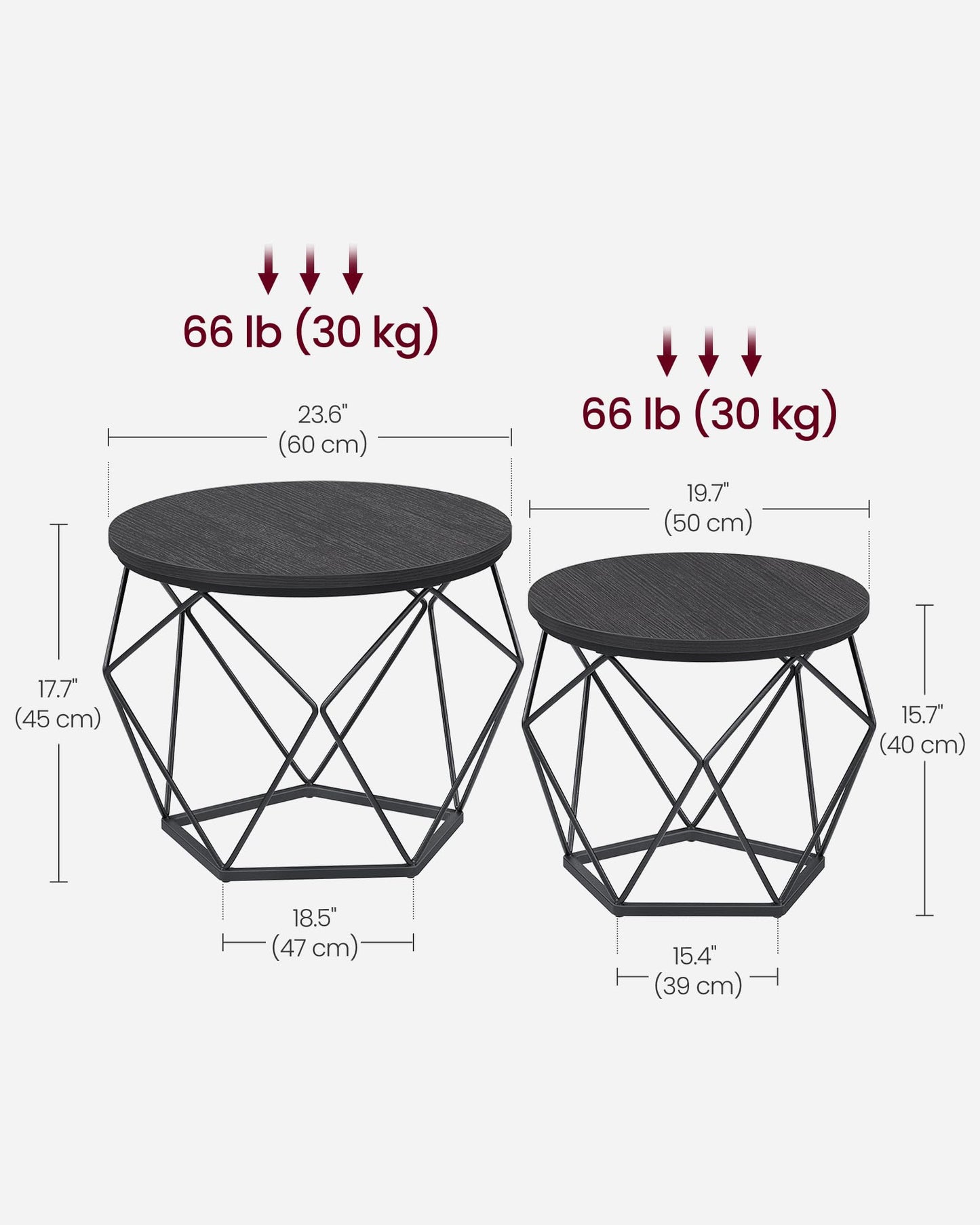 VASAGLE Coffee Tables, Set of 2 Side Tables, Robust Steel Frame, for Living Room, Bedroom, Rustic Brown and Black LET040B01