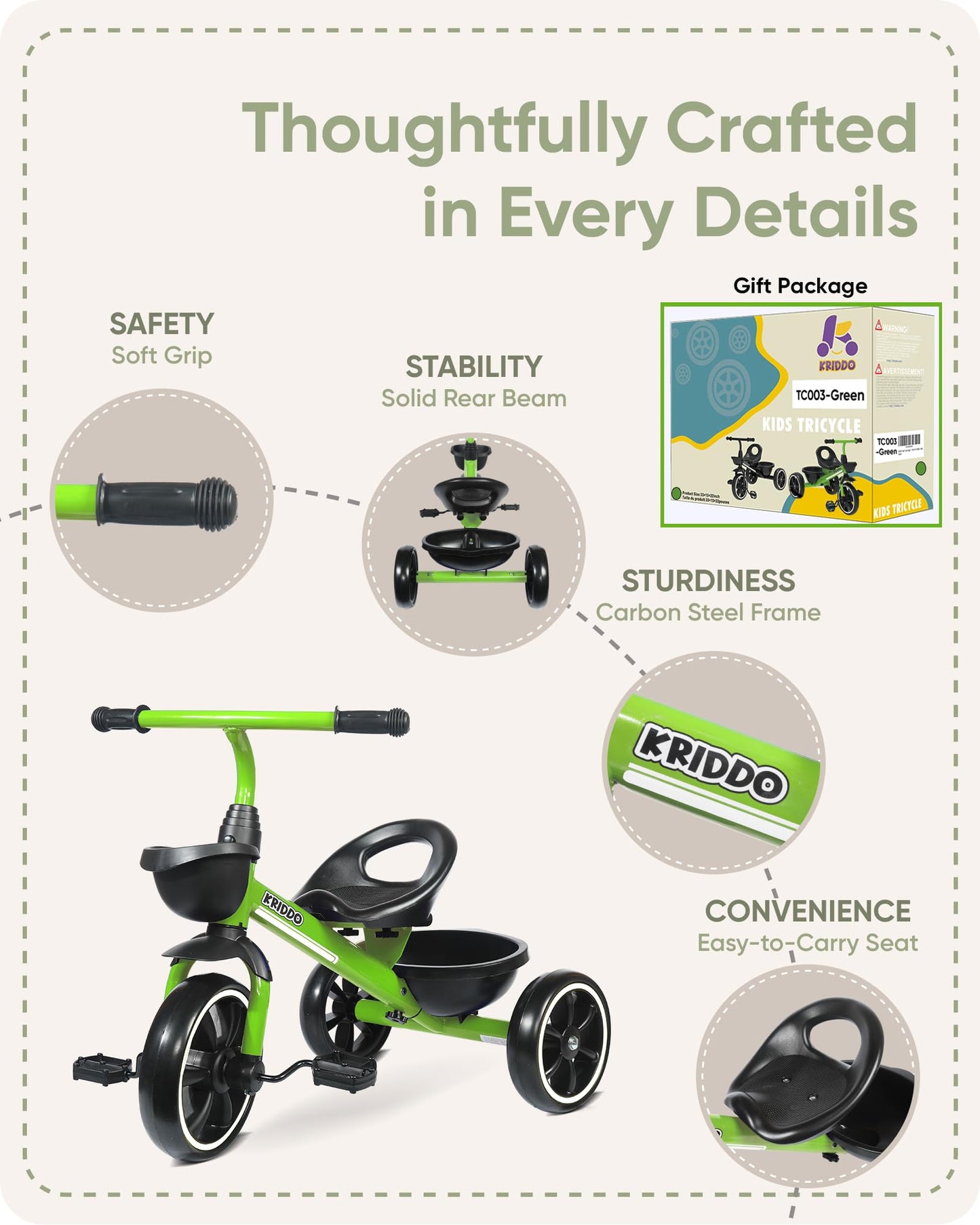 KRIDDO Toddler Tricycle — Anti-Tip Design, BPA-Free | Ages 18 Months to 4 Years | Pink