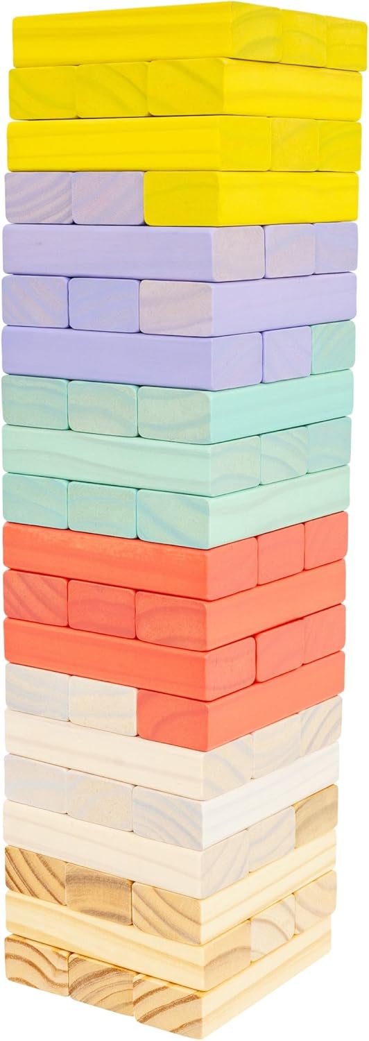 TP Toys Giant Wooden Tumble Tower FSC Certified Classic Tumbling Game with 60 Pastel Blocks & Matching Dice for Family Indoor & Outdoor Fun, Wood