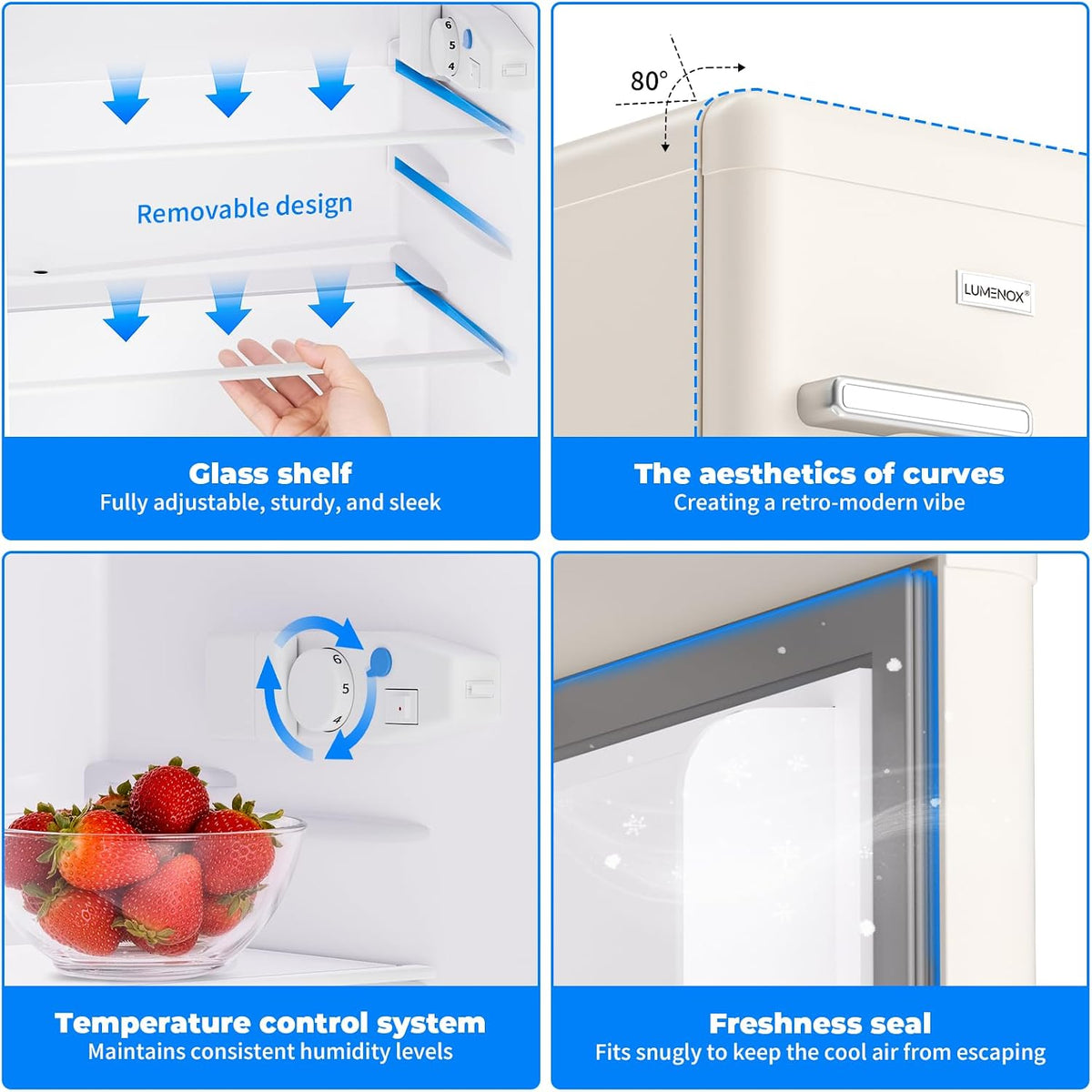 Retro Mini Fridge, 72L Compact Refrigerator, 43dB Quiet Operation, Adjustable 7-Temp Control, with LED Light, for Bedroom, Office, Kitchen & RV