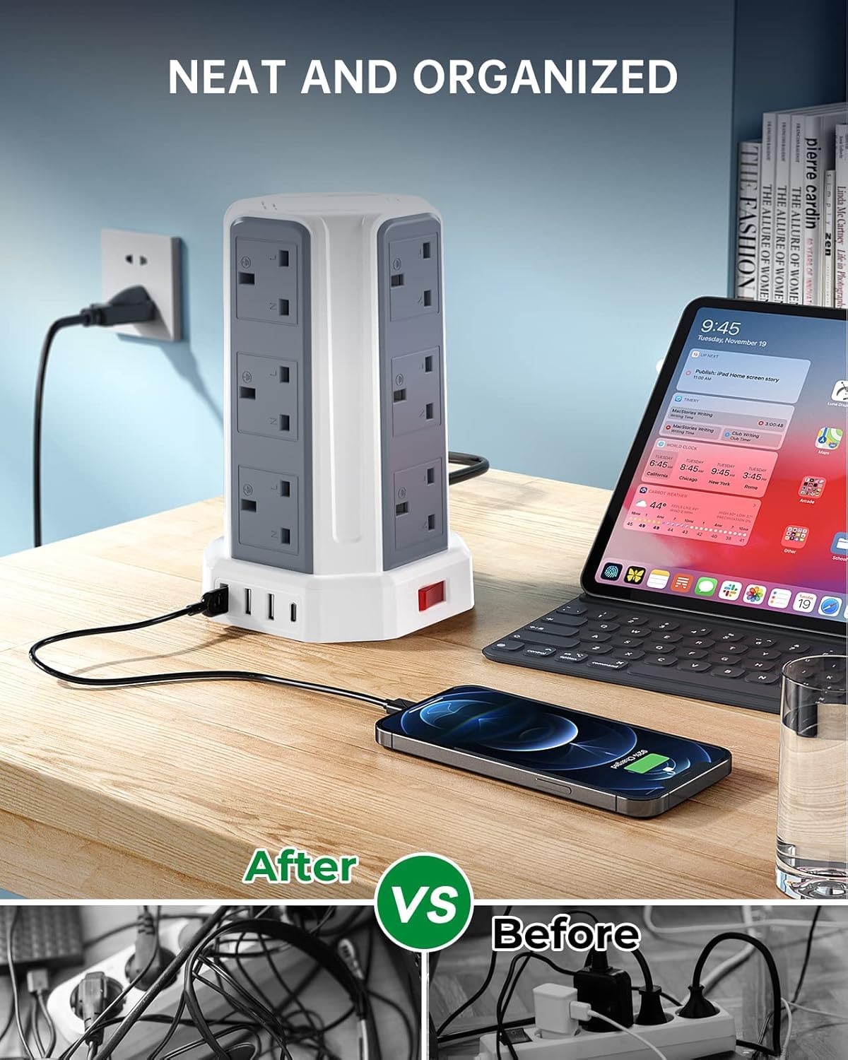 Tower Extension Lead 3M, Extension Cable with USB Ports
