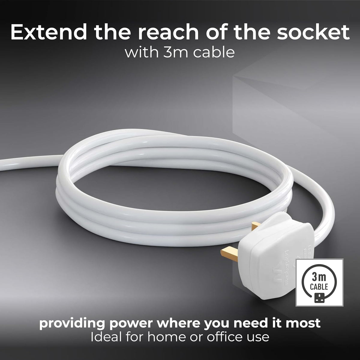 Masterplug Four Socket Extension Lead, 3 Metre Cable, Unswitched, 4-Way Plug Extension Cable, Power Strip, Basic Power, White, 13A, 4G, 3m, BFG3N
