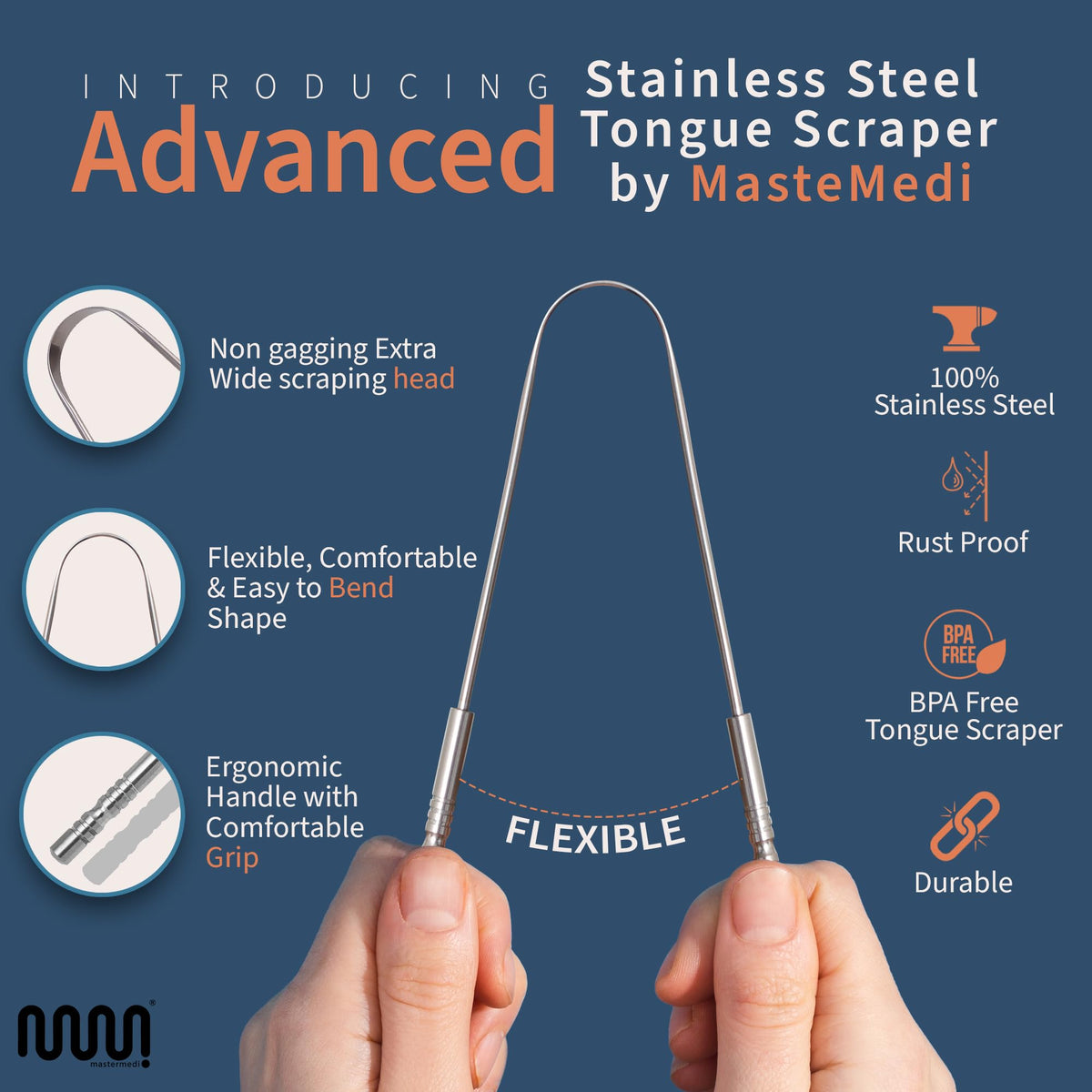 MasterMedi Tongue Scraper with Travel Case 1 Pack, Bad Breath Treatment Tongue Scraper for Adults & Kids, Stainless Steel Metal Tongue Scraper, Easy to Use Tongue Cleaner for Hygiene and Self Care