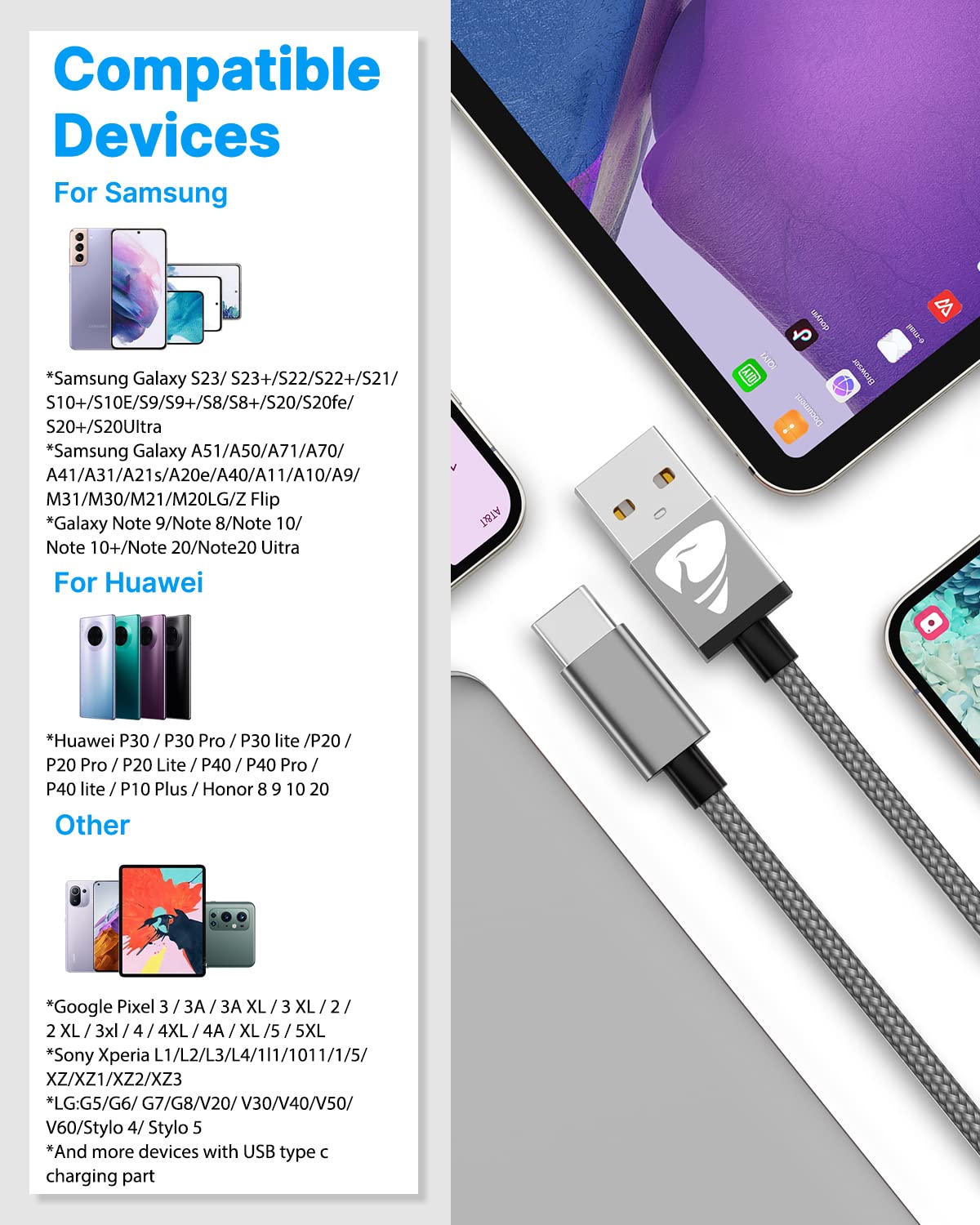 Yosou USB C Charger Cable 2M 2Pack USB A to USB C Type C Charger Fast Charging 3A Lead Braided for Samsung Galaxy S22 S21 S20,Pixel 8 7 6,PS5,Switch