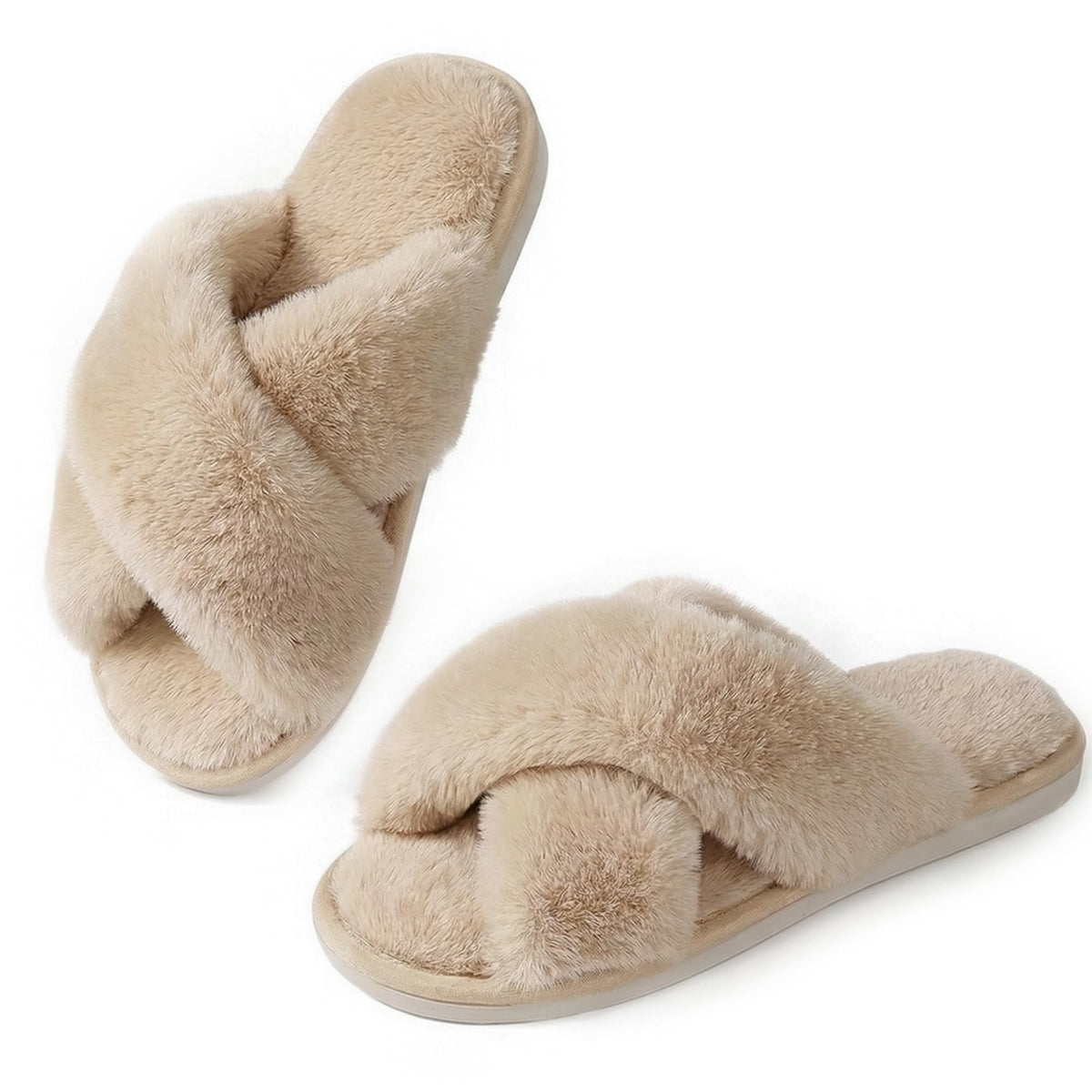 Ankis Women Slippers Fluffy Slippers Memory Foam, Cross Band Furry Open Toe Slippers Cozy Plush Home Shoes Indoor Outdoor Anti-Slide Slipper