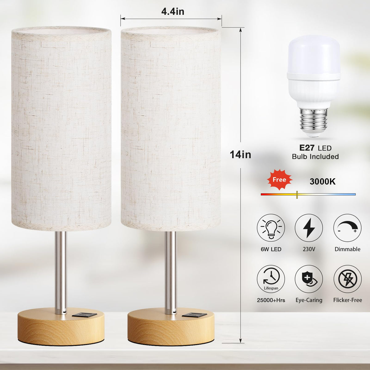 Aooshine Grey Table Lamp, 3-Way Dimmable, USB A + C Charging
