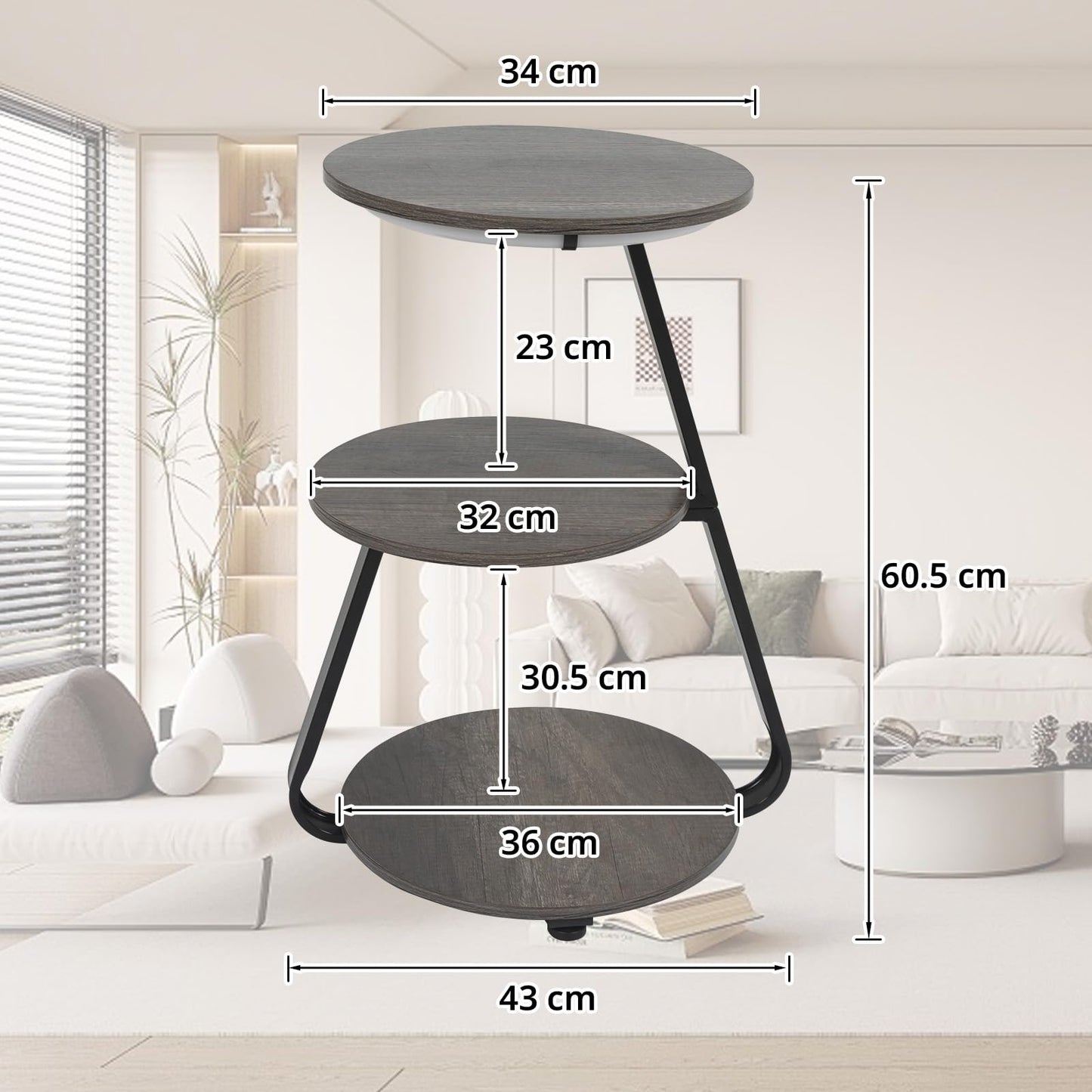 ARTETHYS Side Table, Small Round Coffee Table with 3 Color LED Lights, End Table with 3 Tier Storage Shelves, Bedside Sofa Side Tables for Living Room Bedroom, Rustic Brown