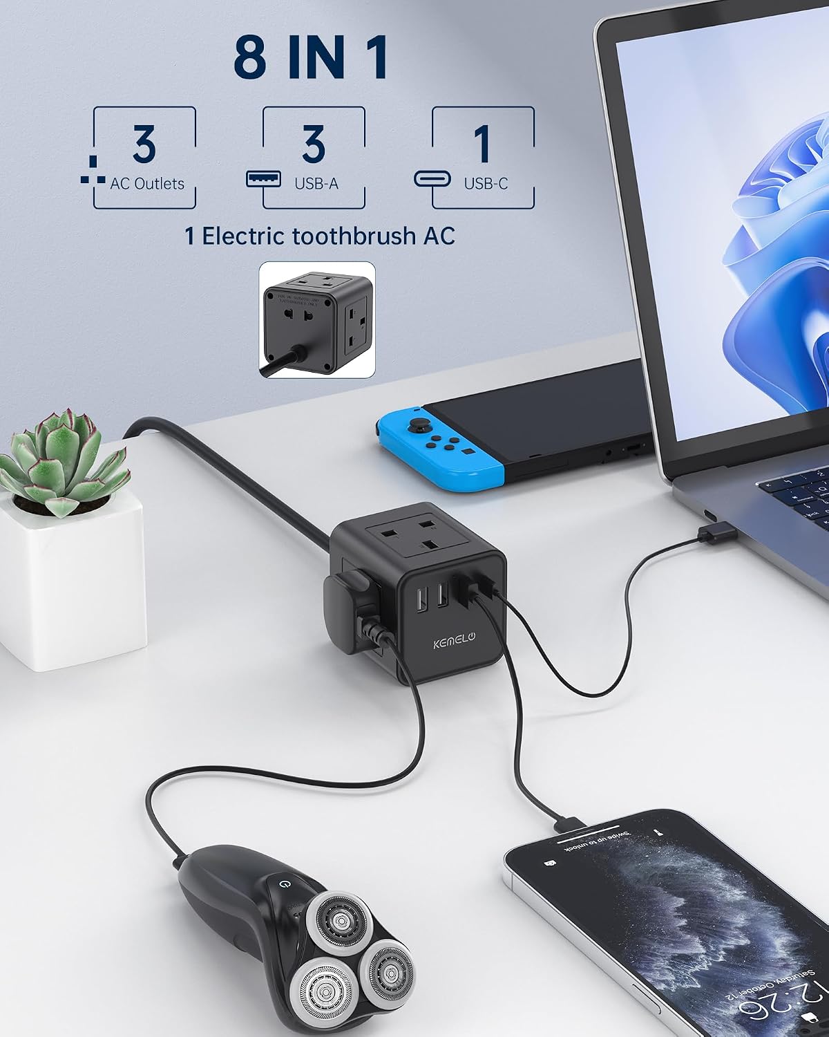 Cube Extension Lead with 4 USB Slots, Kemelo 4 Way (13A/3250W) Multi Plug Extension Cable with Child Safety UK Desktop Power Extension Socket,1.5M Extension Cords for Home Dorm Office Travel, Black