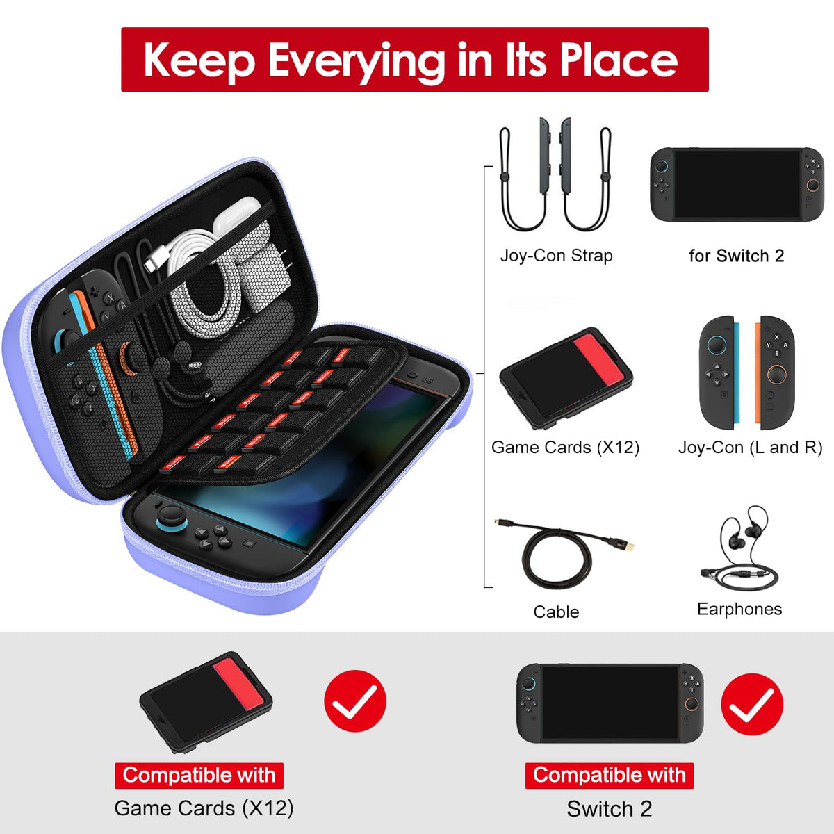 ivoler Carry Case for Nintendo Switch 2 (2025 Model) – Protective Portable Hard Shell Pouch Carrying Travel Game Bag for Nintendo Switch 2 Accessories Holds 12 Game Cartridge– Black