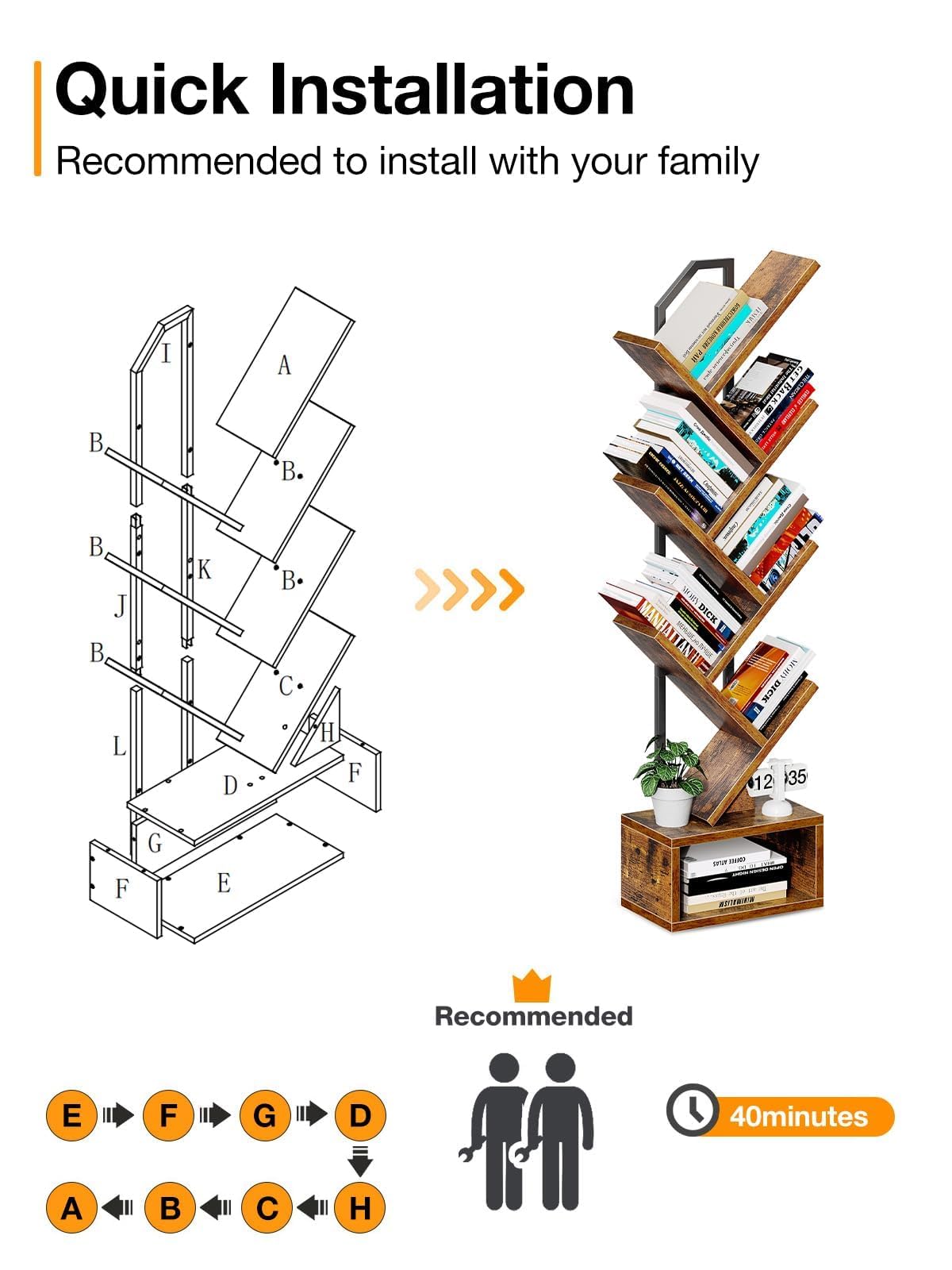 Coleshome Tree Bookshelf, 6-Tier Floor Standing Bookcase, Bookcases suitable for bedrooms and living rooms, Wooden bookshelves suitable for bedrooms and living rooms, White