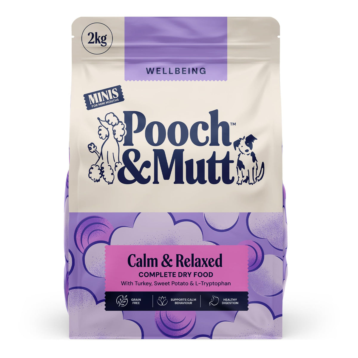 Pooch & Mutt - Calm & Relaxed Complete Dry Dog Food Grain Free (Regular Sized Kibble), for Calming Hyperactive or Anxious Dogs, Turkey and Sweet Potato, 2kg (packaging may vary)