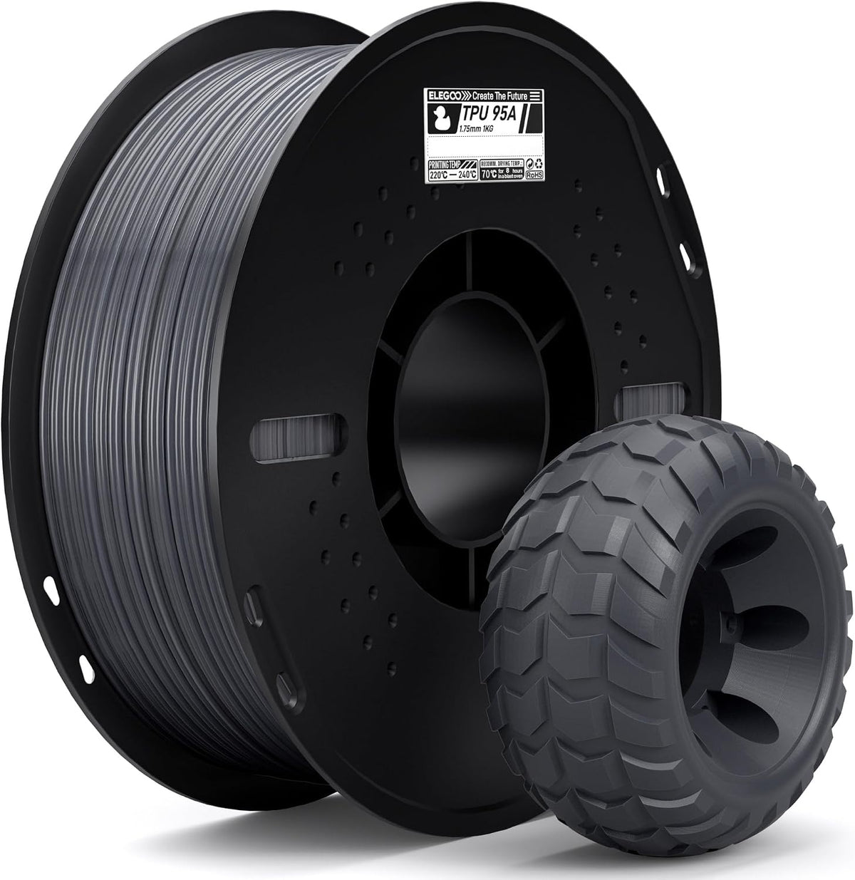ELEGOO TPU Filament 1.75mm Grey 1KG, 95A Flexible Soft 3D Printing Filament 1KG Spool(2.2lbs) Fits for Most FDM 3D Printers
