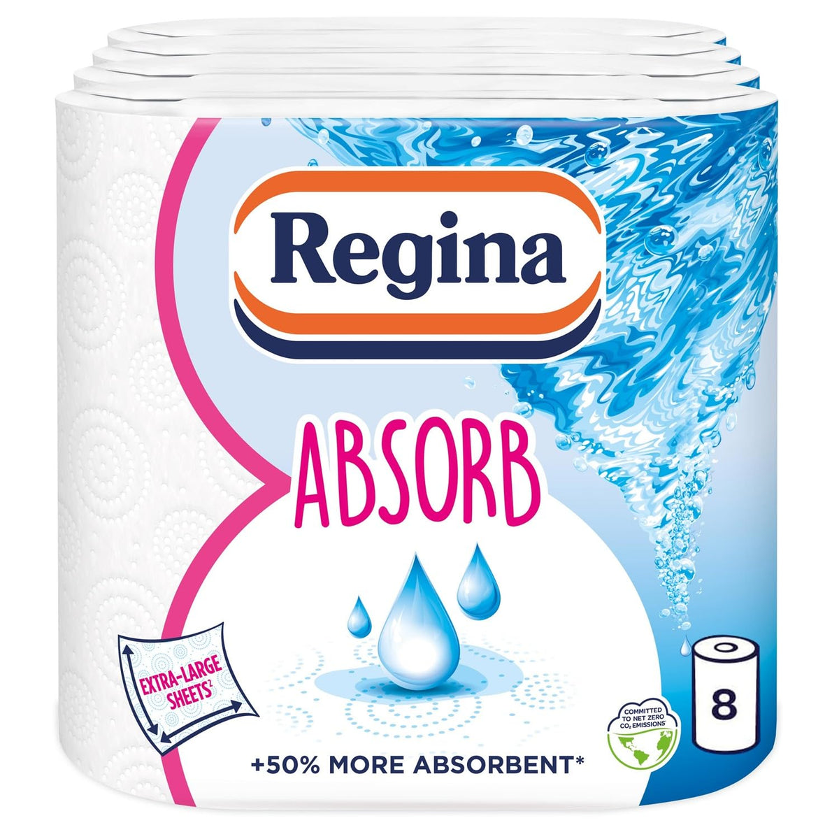 Regina Absorb Plus Kitchen Towels – 8 Super Absorbent 2-ply Kitchen Rolls, 85 Sheets Per Roll, Extra-Large Sheets, 50 Percent More Absorbent Than Previous XXL Products, Easy Open Pack