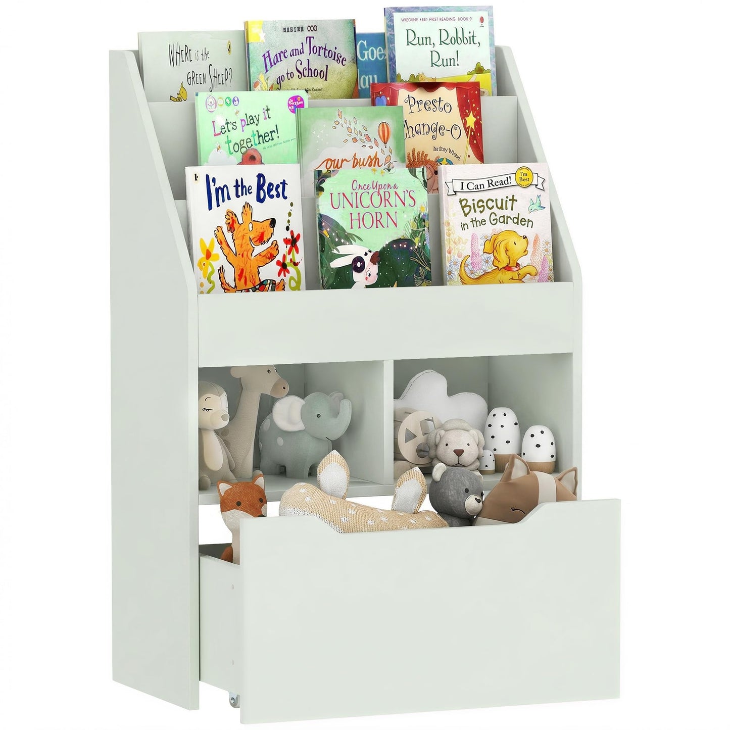 HOMCOM Kids Bookshelf with Moveable Drawer, Montessori-Inspired Children's Bookcase with Wheels, Toy Organiser for Bedroom, Playroom - White