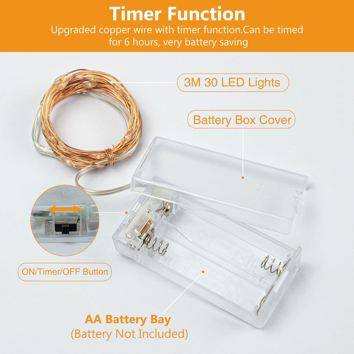 litogo Halloween Orange Fairy Lights Battery Operated with Timer, 3M 30 LED