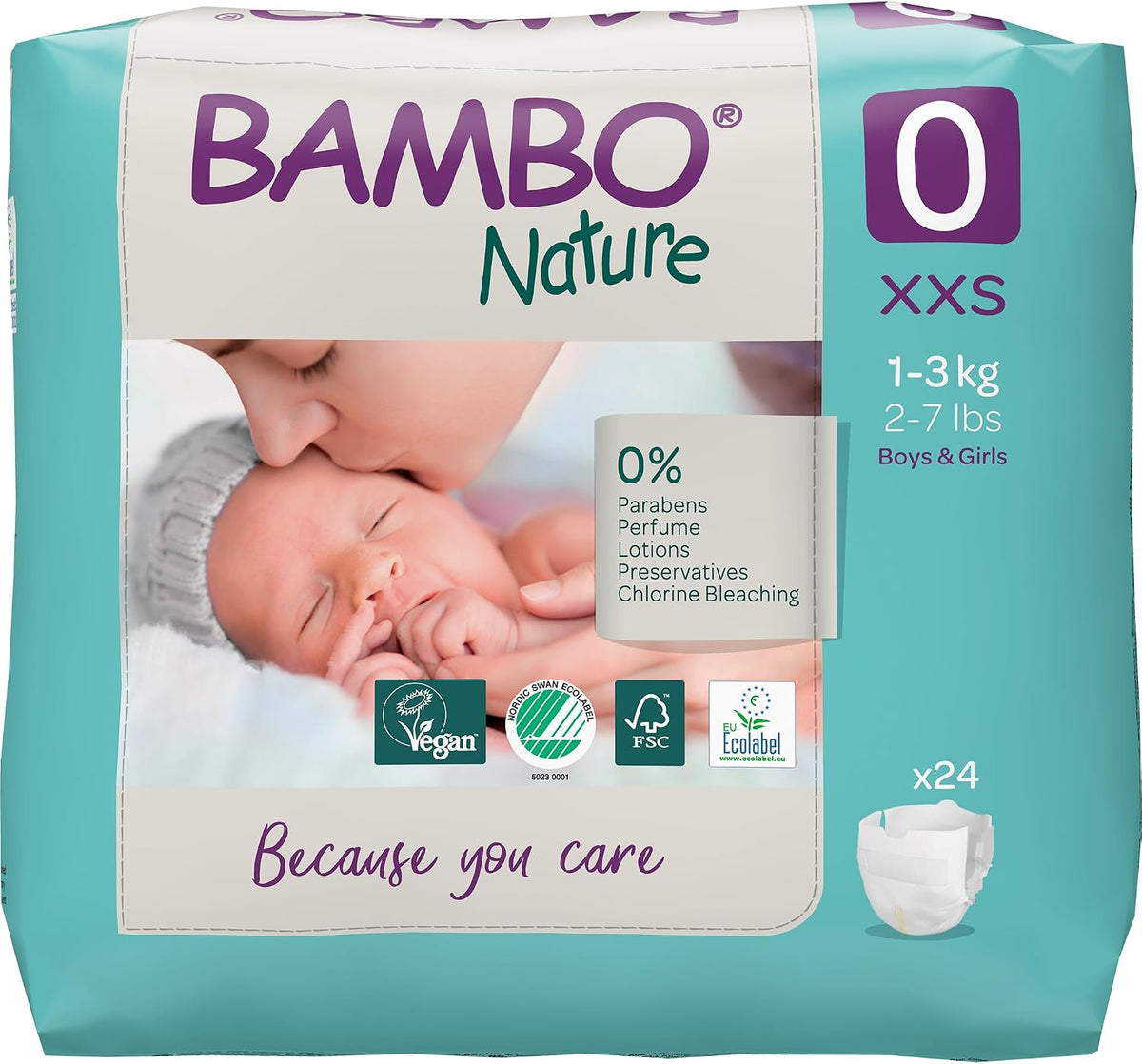 Bambo Nature Premium Eco Nappies, Premature Size 0 (2-7lb/1-3kg), XXS, Pack of 24, Eco-Labelled Nappies, Enhanced Leakage Protection, Secure and Comfortable Baby Nappy