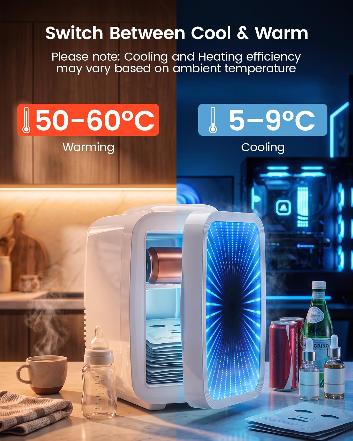 Mini Fridge, 4 Litre/6 Can Small Fridge with Dimmable LED Light, AC/DC Portable Mini Cooler and Warmer, Gaming Fridge for Bedroom, Office, Games Room and Car Great Gift for Teens