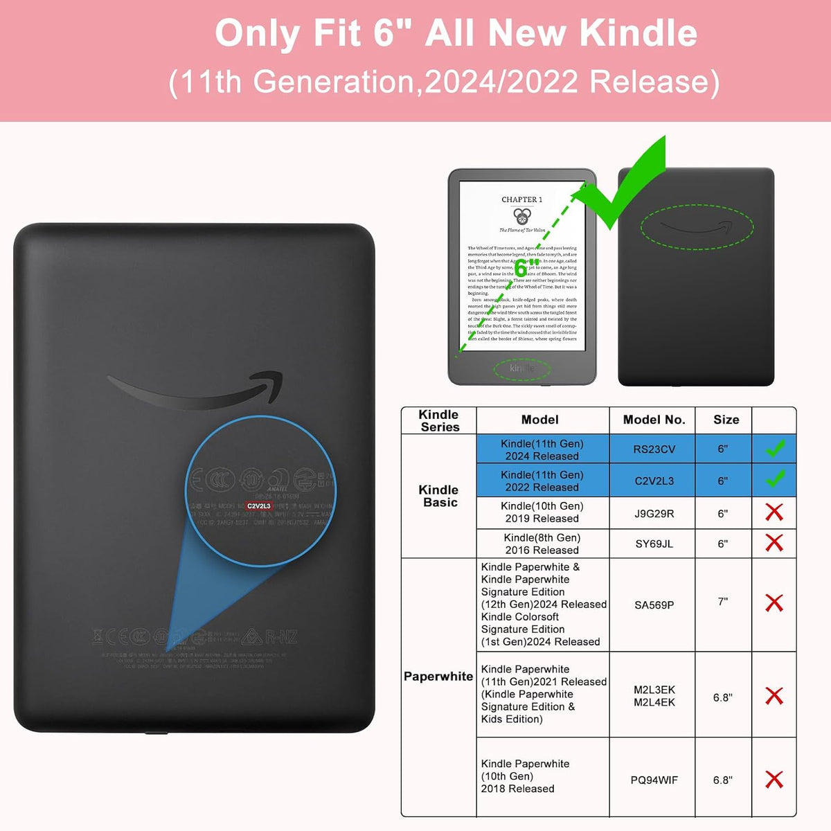 TQQ Case Fits 6" Amazon Kindle 11th Generation 2024 and 2022, Premium Slim and Lightweight Cover, Full Protection, Auto Sleep/Wake, Magnetic Closure (NOT fit Paperwhite or Oasis)