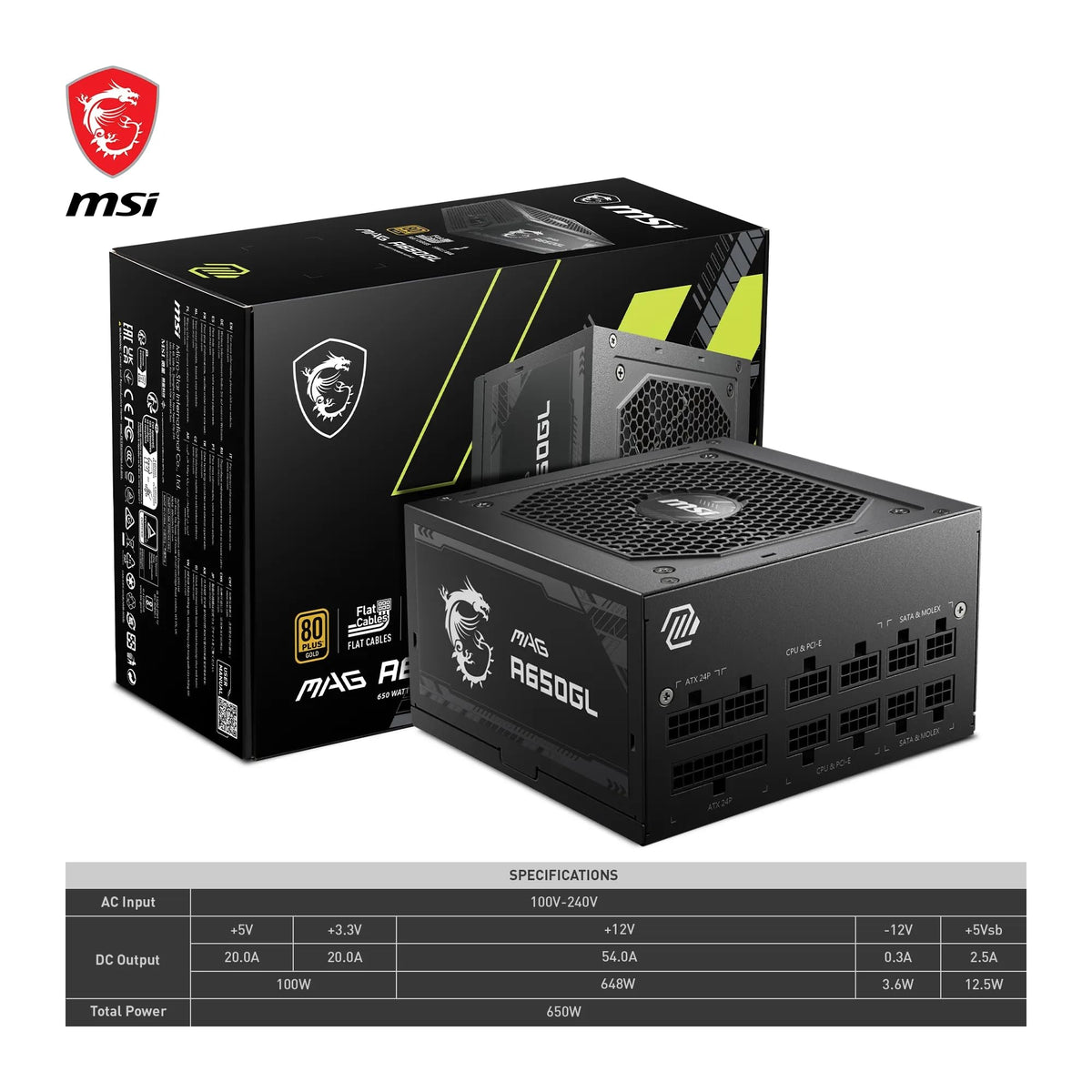 MSI MAG A750GL PCIE5 Power Supply Unit, 750W, 80 Plus Gold, Fully Modular, ATX 3.0, PCIe 5.0 GPU Support, 120mm FDB Fan, Full-Bridge LLC, Flat Black Cables - 7 Year Warranty