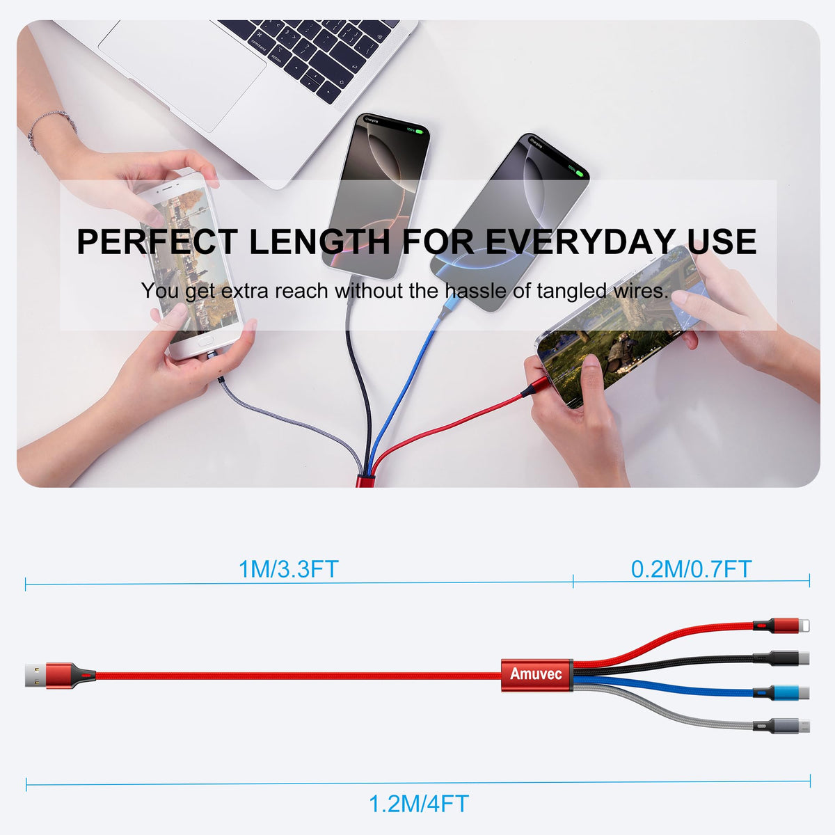 Amuvec Multi Charger Cable, 4 in 1 Fast Phone Charger Cables 1.2M Red