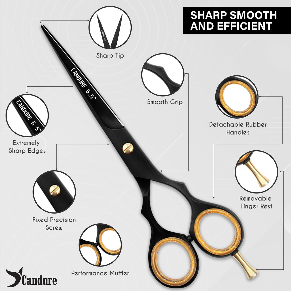 Candure Hairdressing Scissor with Comb & Leather Pouch 6.5" - Hair Scissor for Professional Hairdressers, Barbers Stainless Steel Hair Cutting Shears for Salon, Men, Women, Children and Adults Black
