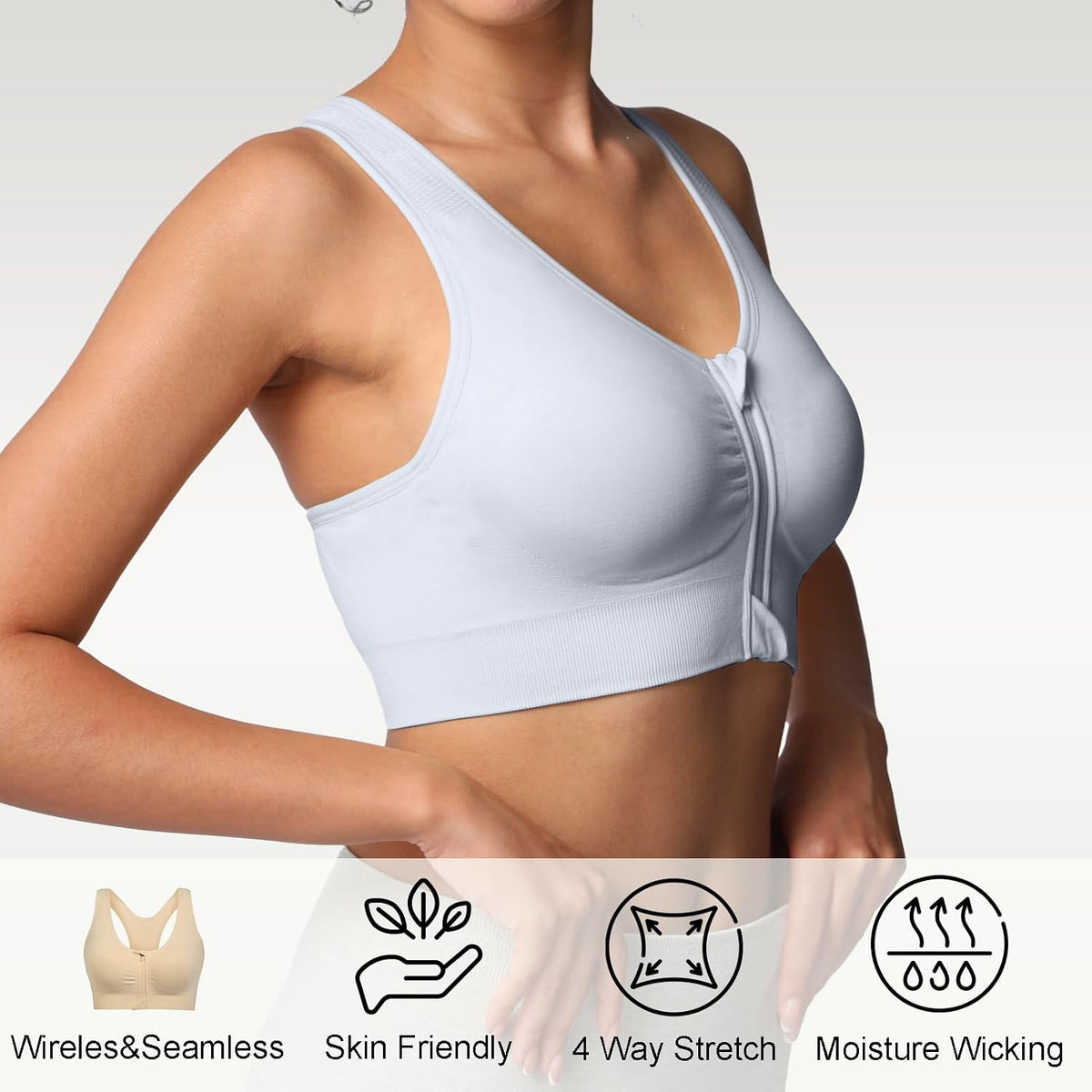 Lemef Front Zipper Sports Bras High Impack Post Op Compression Bras for Women Post Surgery Wireless Racerback Yoga Bra