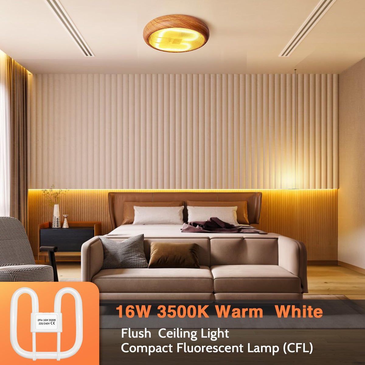 Akynite 16W 2D Square 2-Pin GR8 Cap Daylight White 6500k Compact Fluorescent Lamp, AC 230V, CFL 2 Pin Light Bulb, not dimmable, GR8 DD Flat Butterfly Bulb for Flush Ceiling Light, 1 Pack
