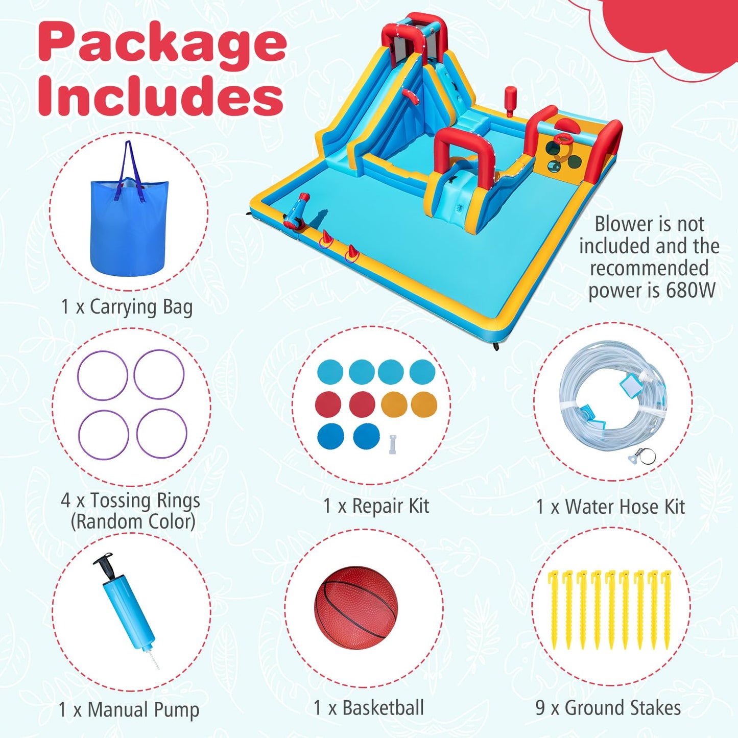 COSTWAY Inflatable Water Park, 9 in 1 Giant Kids Bouncy Castle with Double Slides, Climbing Wall, Splash Pools, Water Cannon, Outdoor Blow Up Bounce House for 3-12 Years Old (without blower)