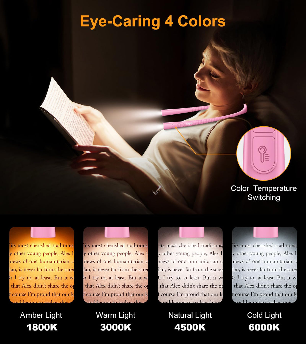 Gritin Book Light, Eye Caring 4-Color&5-Brightness Neck Light Reading Lamp