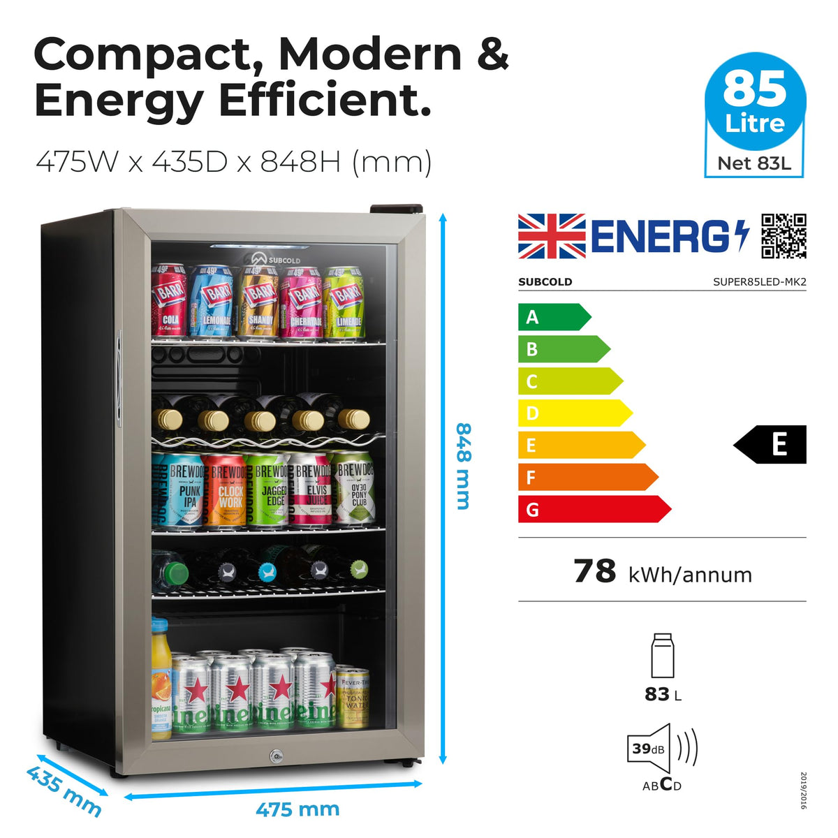 Subcold Super85 LED Beer Fridge | 80 Cans + 5 Bottles | 0-18°C | Glass Door
