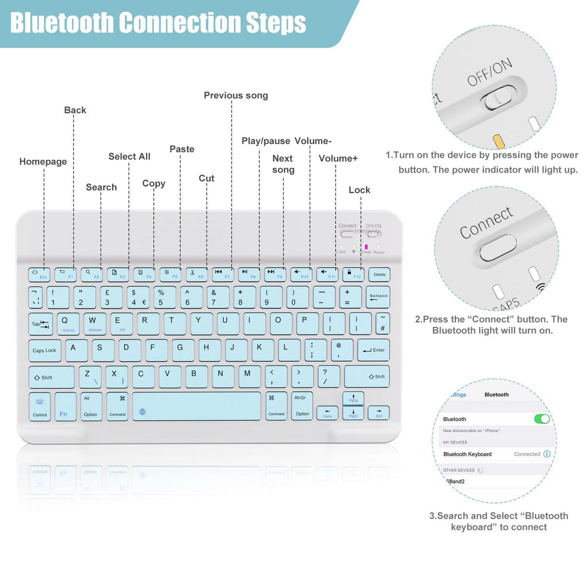 NOOX Bluetooth Keyboard for iPad, Galaxy Tablets, SmartPhones