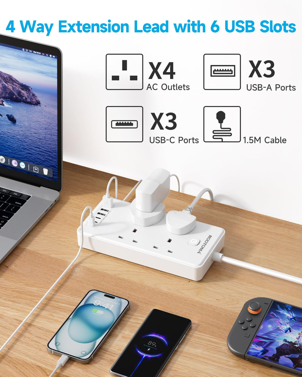 Extension Lead with 6 USB Slots (3 USB C), 4 Way Surge Protected, 3M