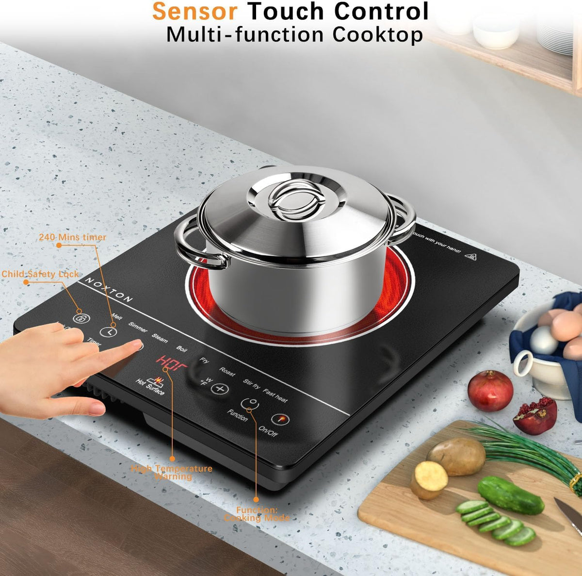 Noxton 2 Zone Ceramic Hob 30cm Electric Hob with Timer, Safe Lock, Pause Coutertop Use Hob with 13AMP Plug 2800W
