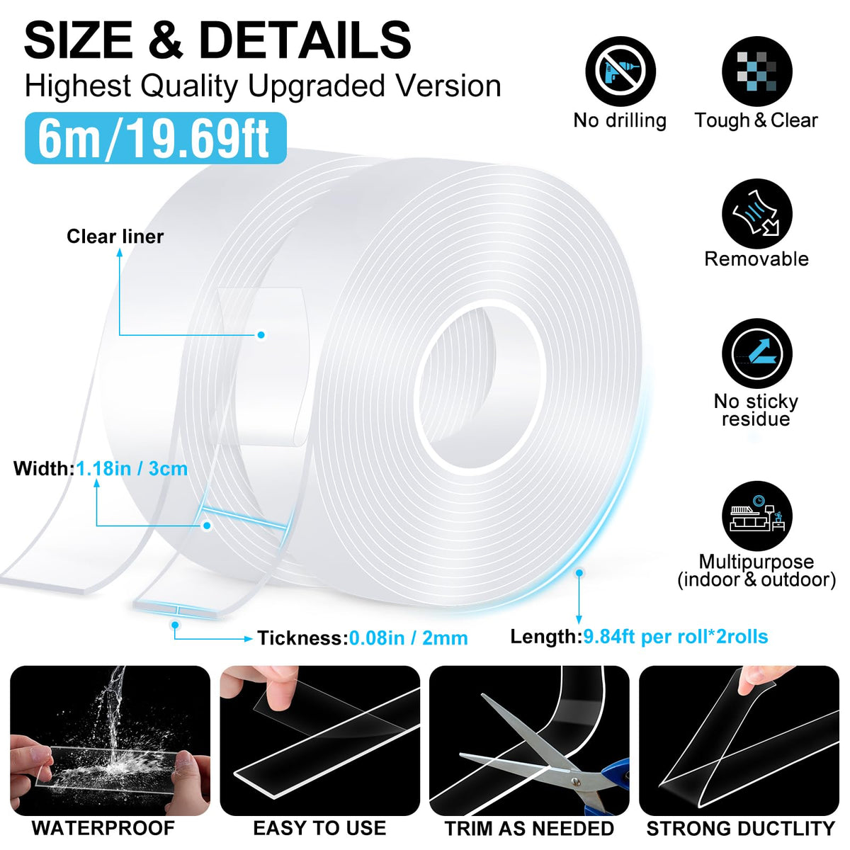 Double Sided Tape Heavy Duty,(6mx2cmx2mm,2Rolls) Strong Double Sided Mounting Nano Tape,Multipurpose Clear Adhesive Picture Hanging Strips,Removable Adhesive Sticky Tape for Poster Walls Decor Carpet