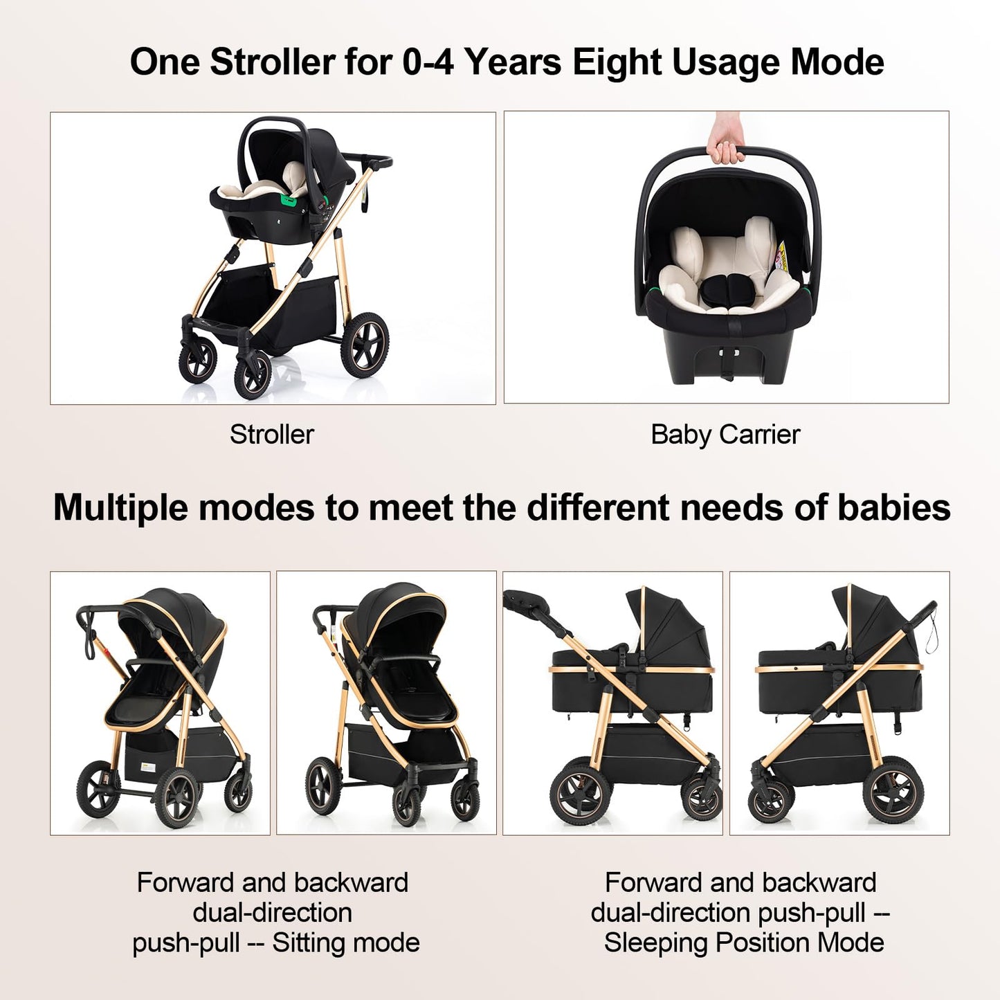 Zkipm Baby Pram 3 in 1, Foldable Baby Stroller,Pram Set Travel with Adjustable-Height Push Handle, Present Rain Cover, Mosquito Net, Bag, Cooling Mat, ect for Ages 0–3