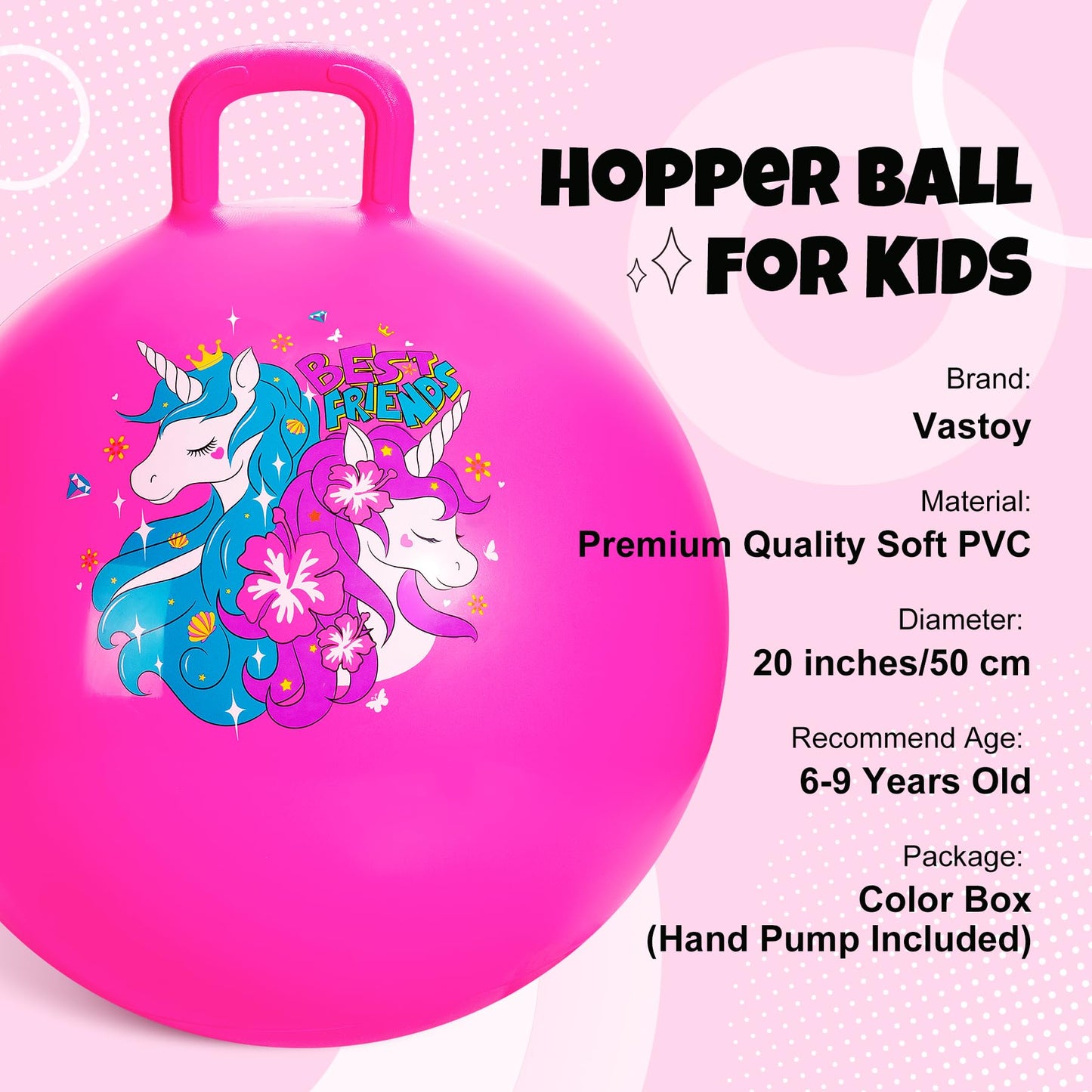 Vastoy 20 Inch Space Hopper Ball for Kids 6-9 Years - Anti-Slip Space Hopper with Hand Pump, Bouncy Inflatable Ride On Toy for Indoor Outdoor Fun, for Children (Blue Eyes)