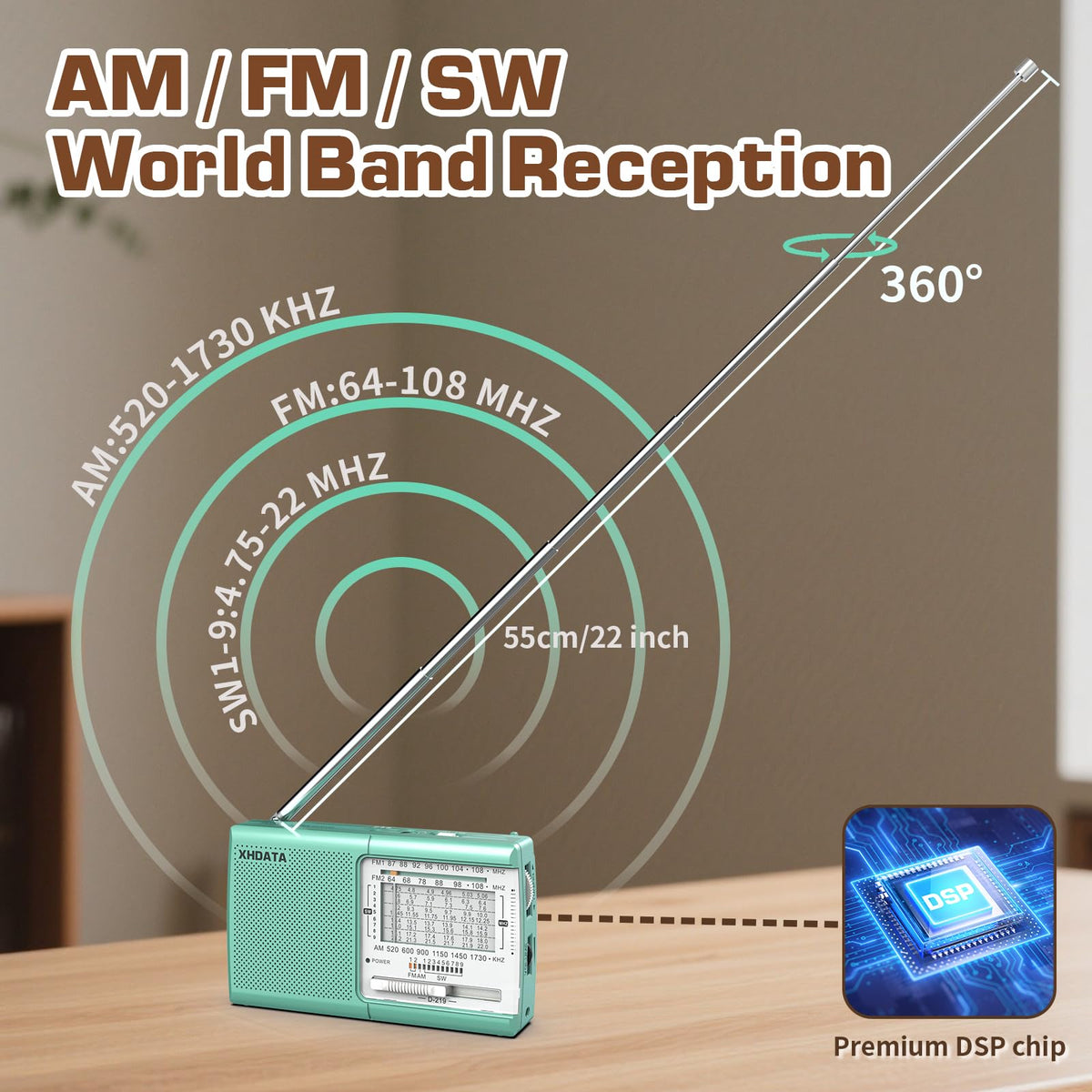 XHDATA D219 Portable Radio Retro FM AM SW Radio Battery Operated for Household Outdoor Camping Hiking Pocket Radio Grey