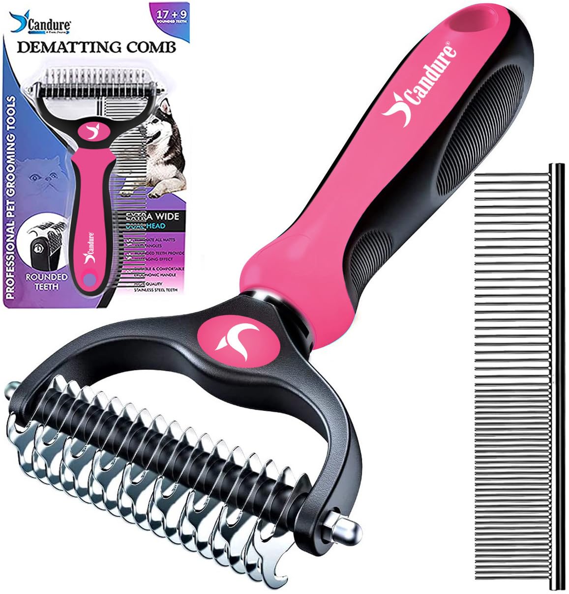 Candure Dematting Comb for Dog and Cat, Pet Grooming Rake and Brushes for Small, Medium & Large Dogs 17+9 Double Sided Deshedding Tool Removes Knots and Tangled Hair (Blue)