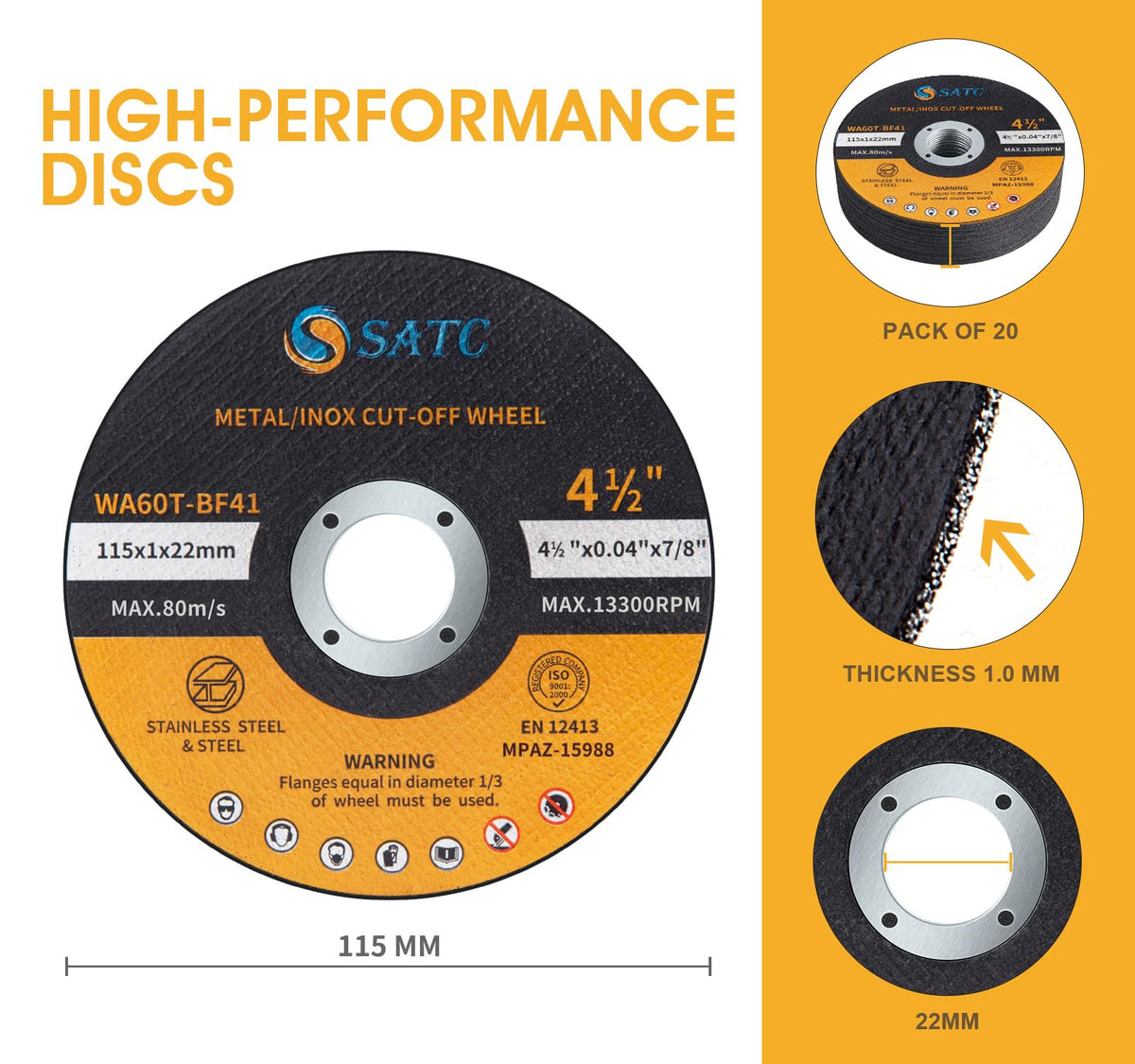 SATC 115mm Cutting Discs 50-Peice for Angle Grinder Durable Metal Cutting Disc Ultra Thin 1mm for Fast & Precise Cutting of Steel, Iron, Aluminum, & Ferrous Metals