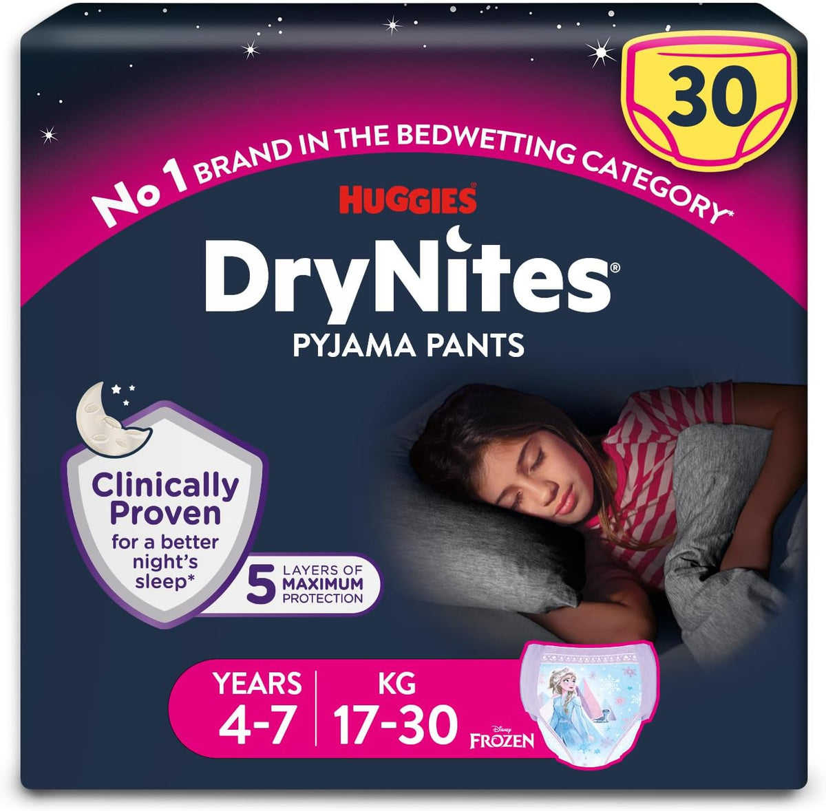 HUGGIES DryNites Pyjama Pants, Girl's 4-7 Years (17-30KG), 30 x Bedwetting Pants, Up to 100% Leak Free Nights