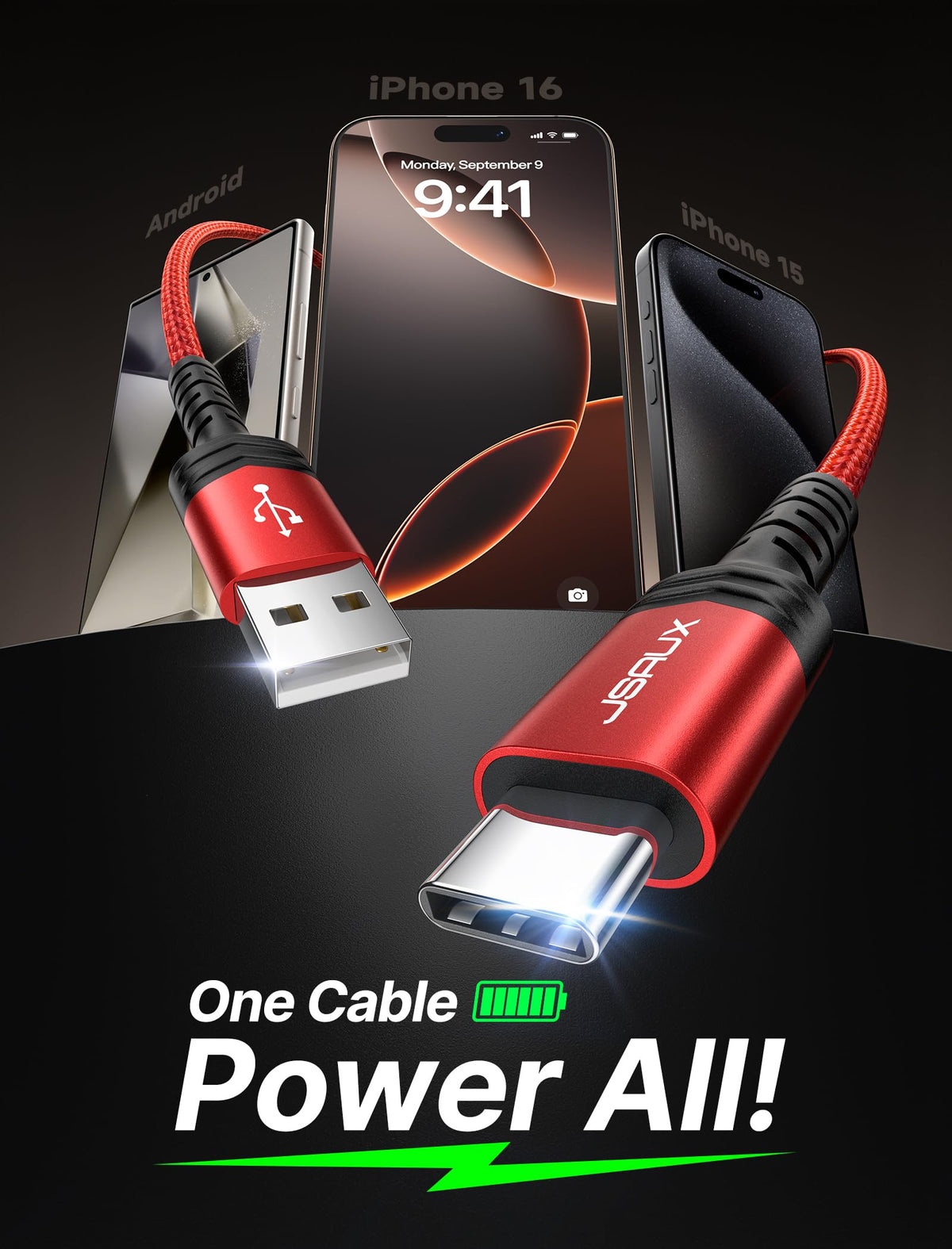 JSAUX USB C Cable for iPhone 18 Pro Carplay, Samsung Galaxy, 2m 2-Pack, Red