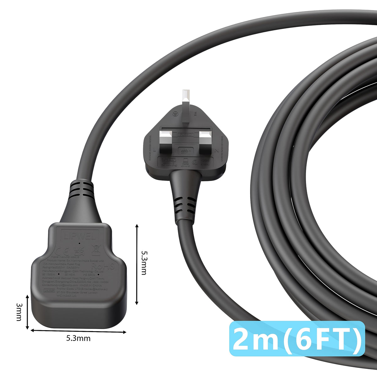 LIPWEL Outdoor Extension Lead 15m Extra Long Cable UK 13A Fused Plug Extension Socket Black 1 Way Socket Outside Using for Garden