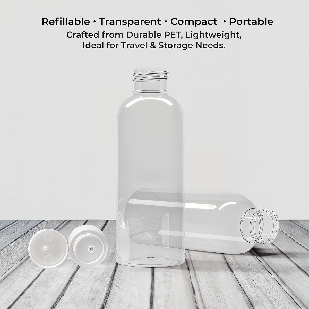 Palm Safe 4 pcs 100ml/3.5 OZ Clear Plastic Travel Bottles, Durable Strong Recyclable BPA Free Storage Bottles, Empty Refillable Containers with Flip Cap Leak Proof for Toiletries