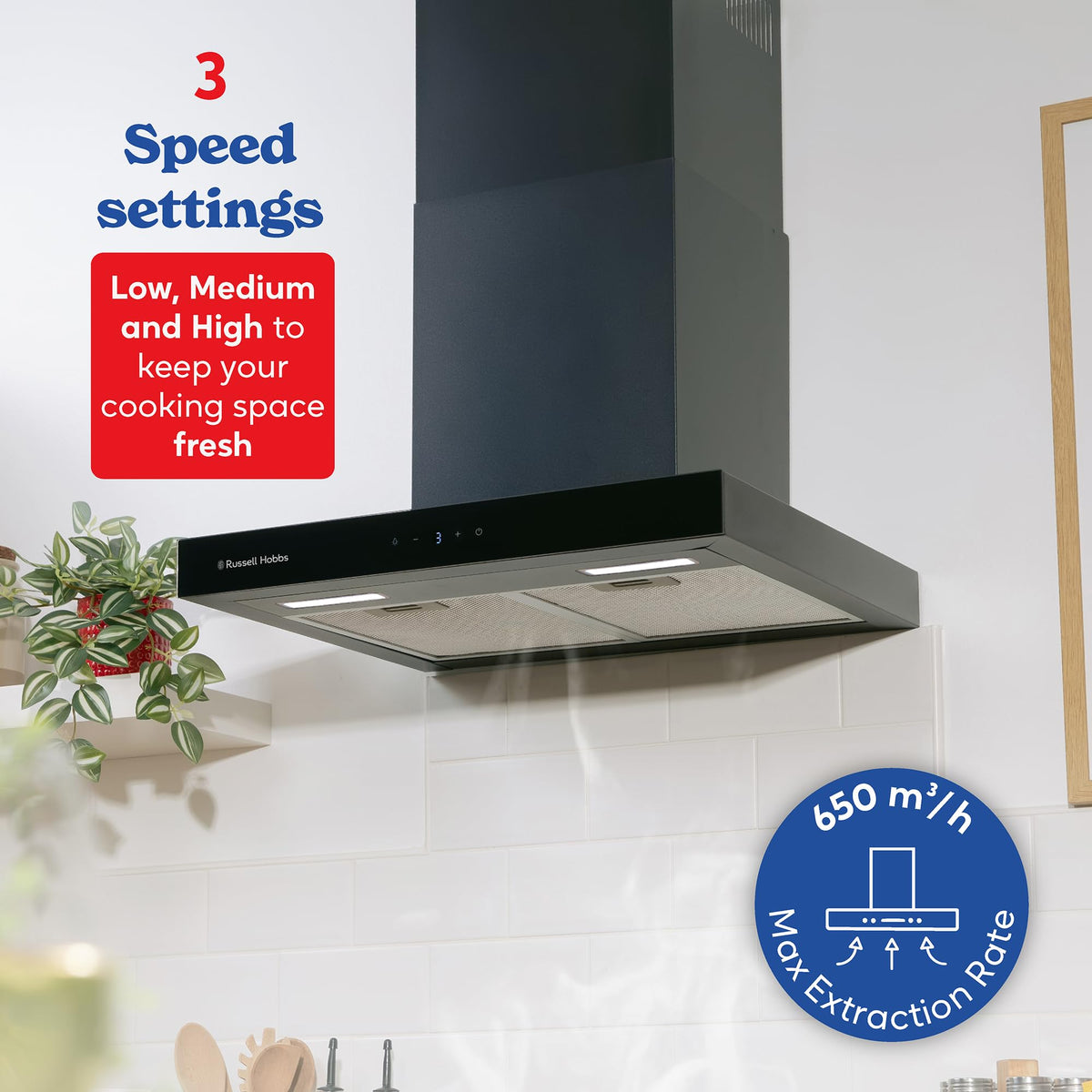Russell Hobbs 90cm T-Shaped Cooker Hood in Stainless Steel with 3 Speed Settings, 3x Washable Aluminium Filters, Extraction or Recirculation, Boost Function, LED Lights A++ Energy Rating, RHGCH903SS