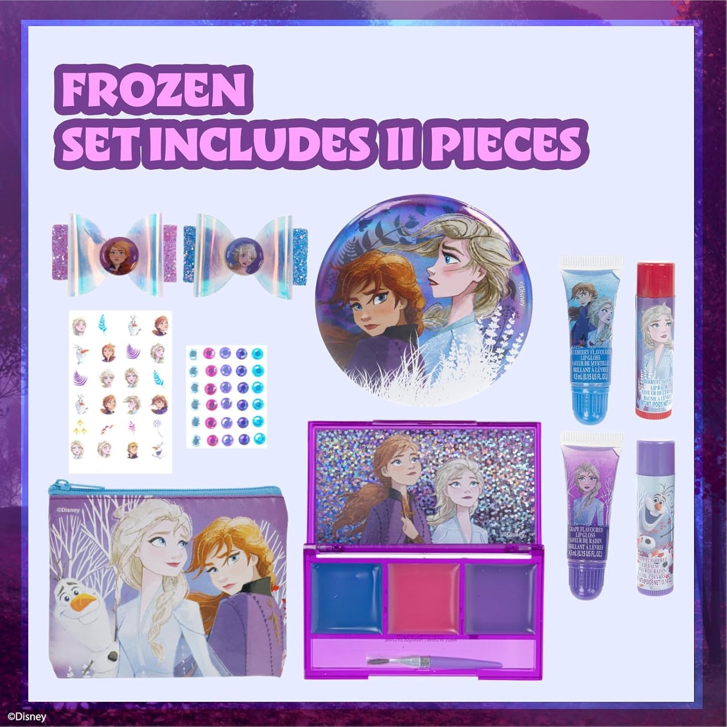 Disney Frozen Super Sparkly Kids Makeup Set for Girls, Beauty Kit Include Clips, Lip Gloss, Nail Stickers, Lip Balm, Purse, Ideal Gift for Girls Aged 3+ by Townley Girl