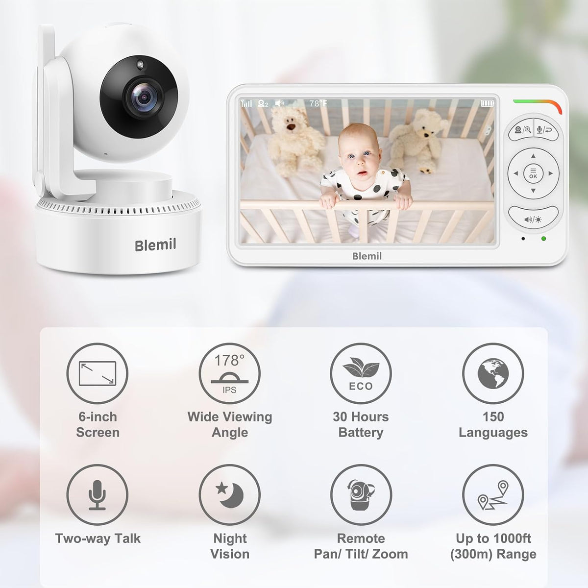 Blemil Baby Monitor with Camera, 6'' IPS Screen Baby Camera Monitor No WiFi