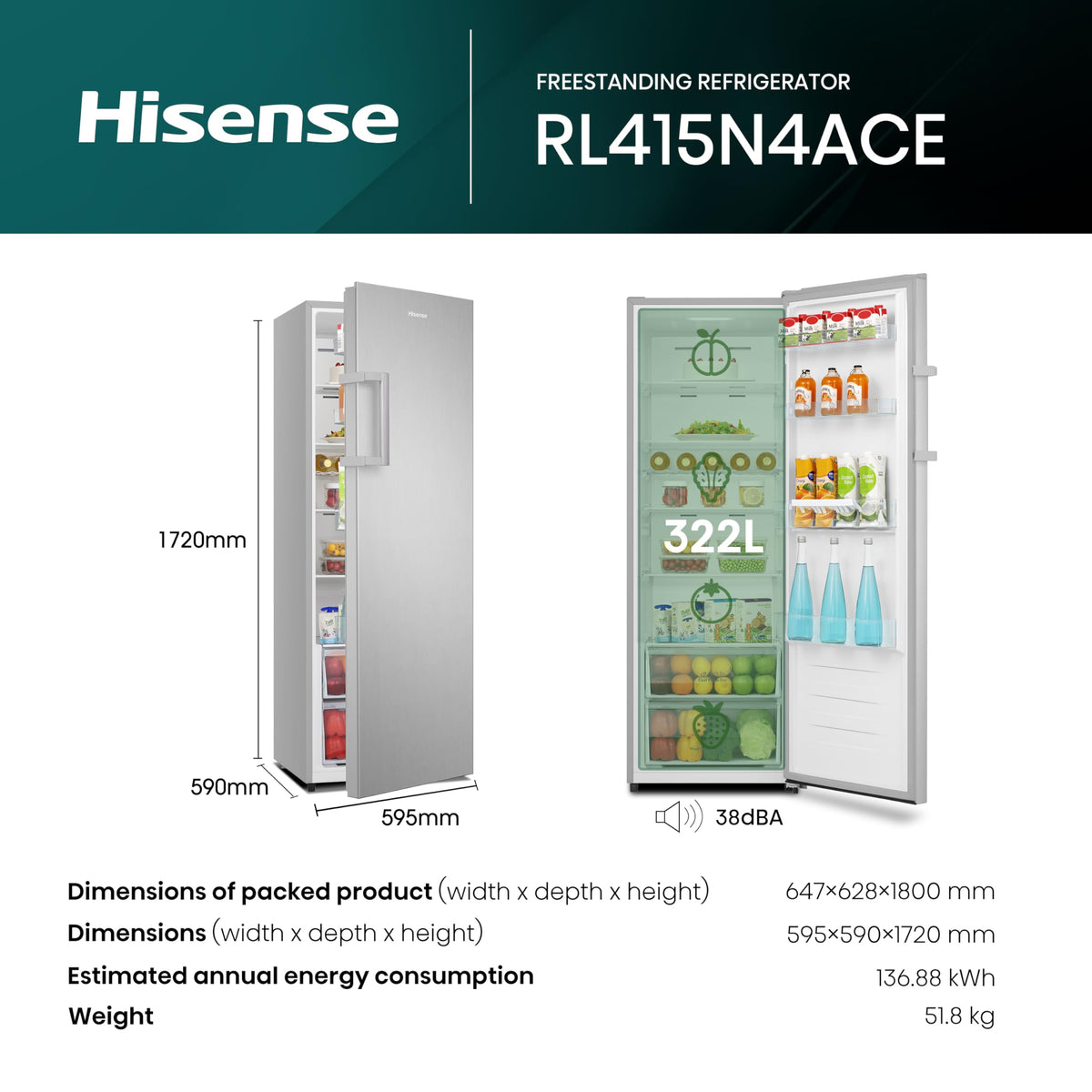Hisense FV298N4ACE Tall Freestanding Freezer 240 Litre Capacity Total No Frost with LED Display 59D x 59.5W x 172H cm - Stainless Steel, Silver