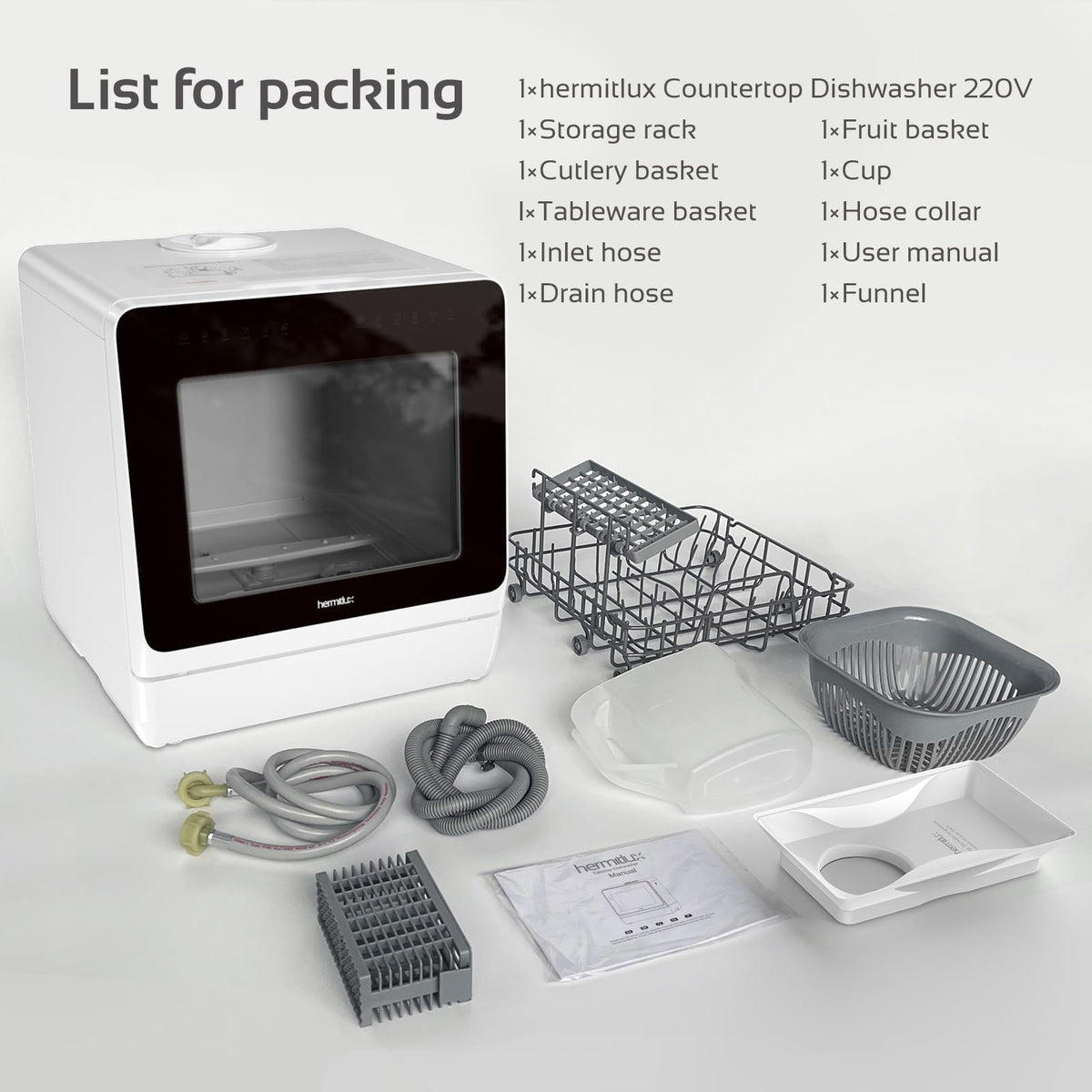 Hermitlux Table Top Dishwasher, Mini Countertop Dishwasher with 4 Place Settings, 5L Built-in Water Tank, 6 Programmes, Touch Control, Baby Care and Fruit Wash, White