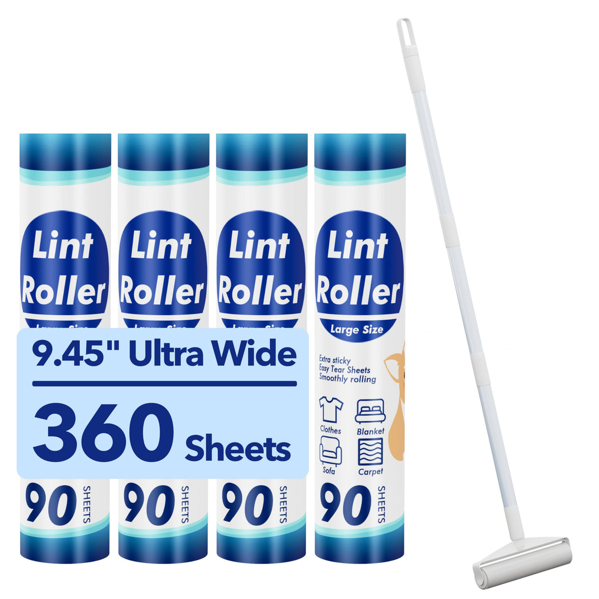 Lint Rollers 400 Sheets Lint Remover for Pet Hair, Couch, Clothes Furniture, and Carpet, 2 Handles, 4 Rolls(100 Sheets Per Roll)